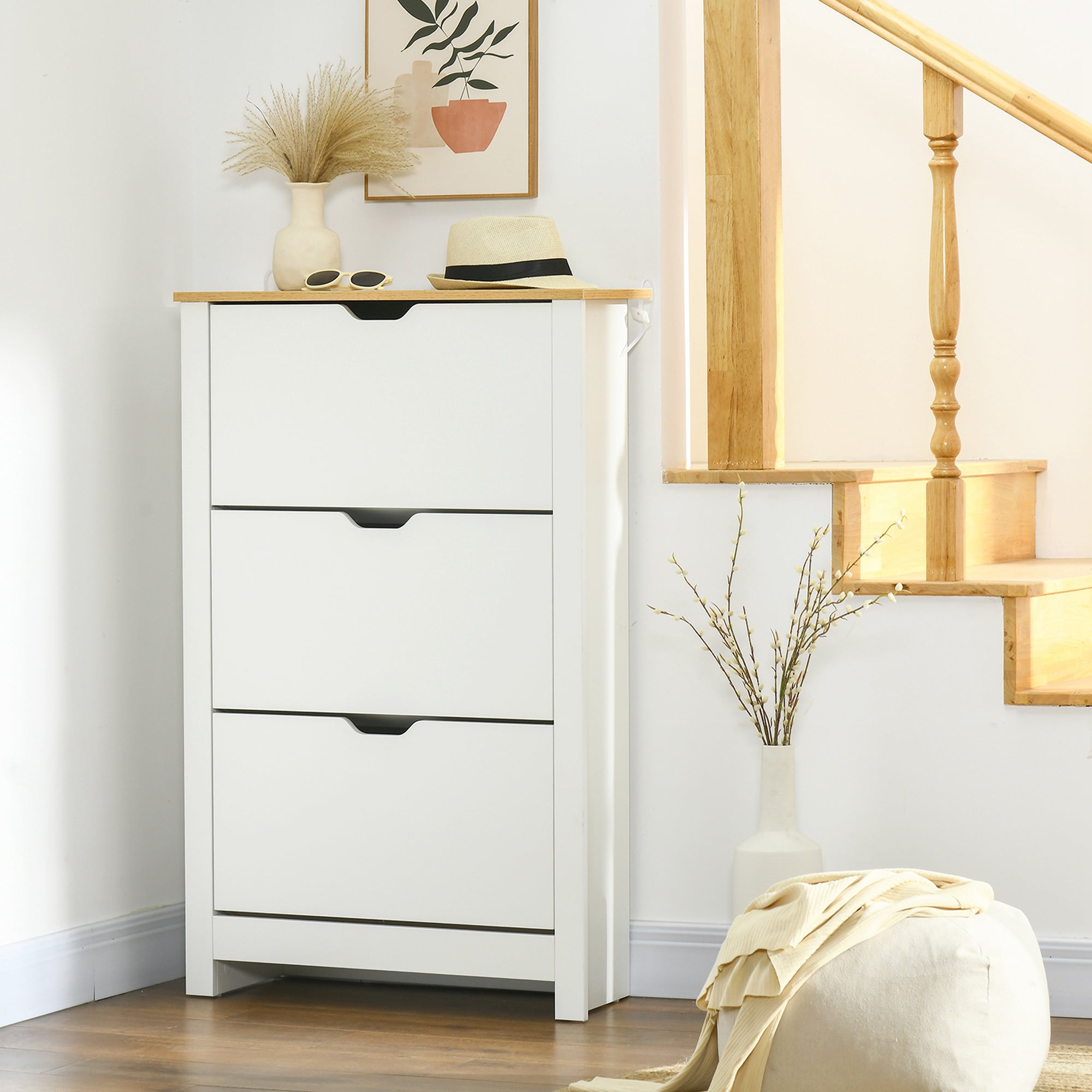 HOMCOM Narrow Shoe Cabinet, Space Saving Shoe Storage Cabinet with 3 Flip Drawers and Adjustable Shelves for 18 Pairs of Shoes for Hallway and Living Room, White