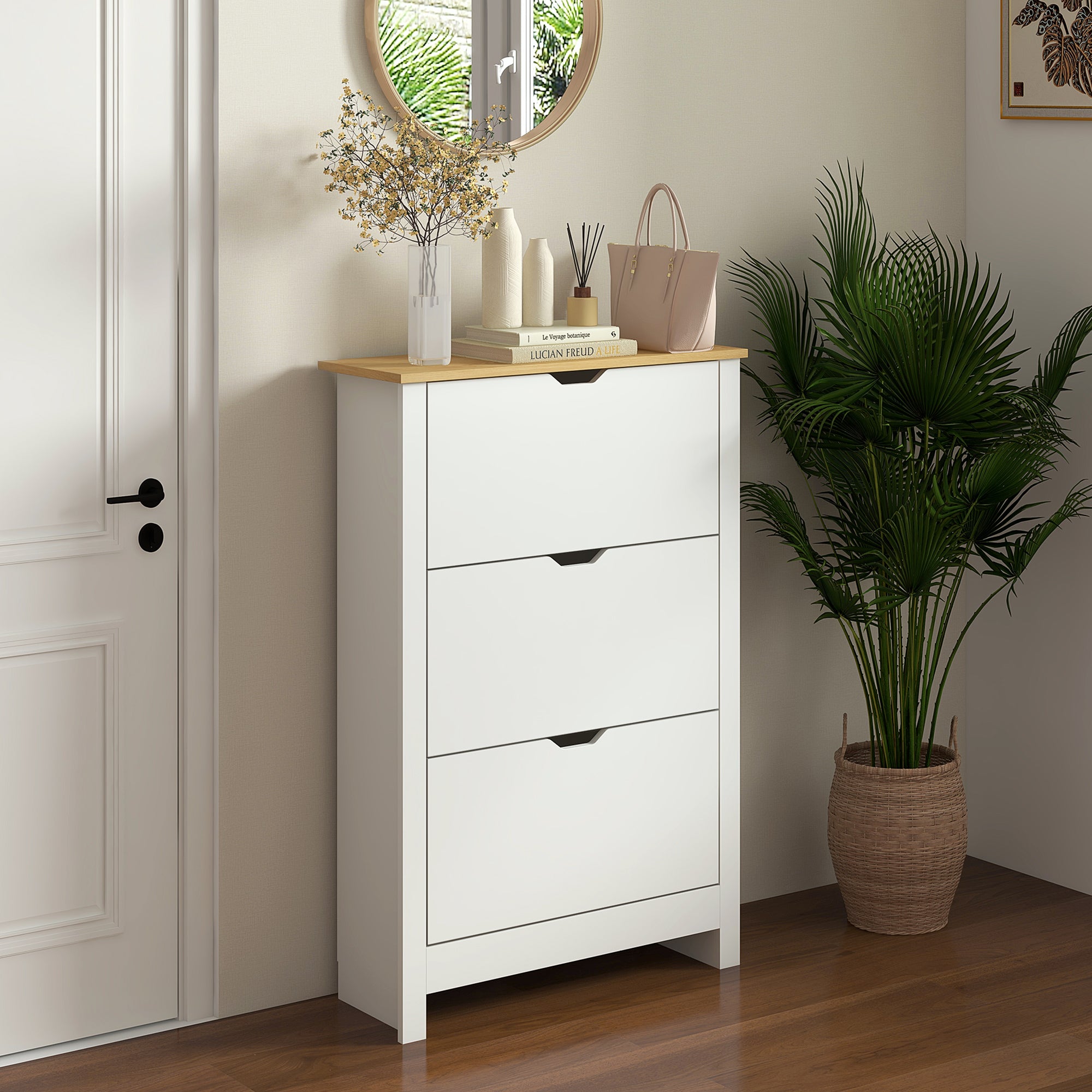HOMCOM Narrow Shoe Cabinet, Space Saving Shoe Storage Cabinet with 3 Flip Drawers and Adjustable Shelves for 18 Pairs of Shoes for Hallway and Living Room, White