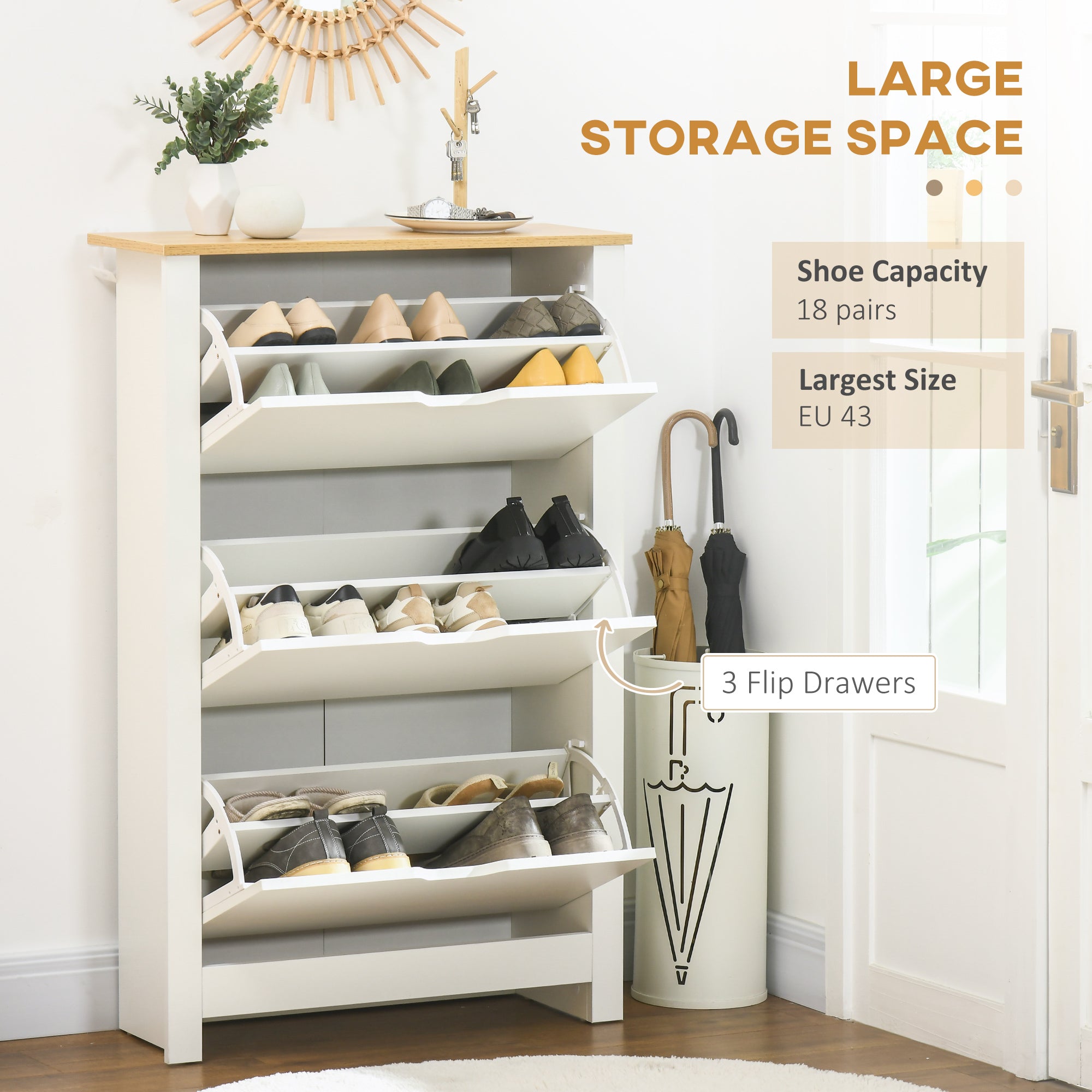 HOMCOM Narrow Shoe Cabinet, Space Saving Shoe Storage Cabinet with 3 Flip Drawers and Adjustable Shelves for 18 Pairs of Shoes for Hallway and Living Room, White