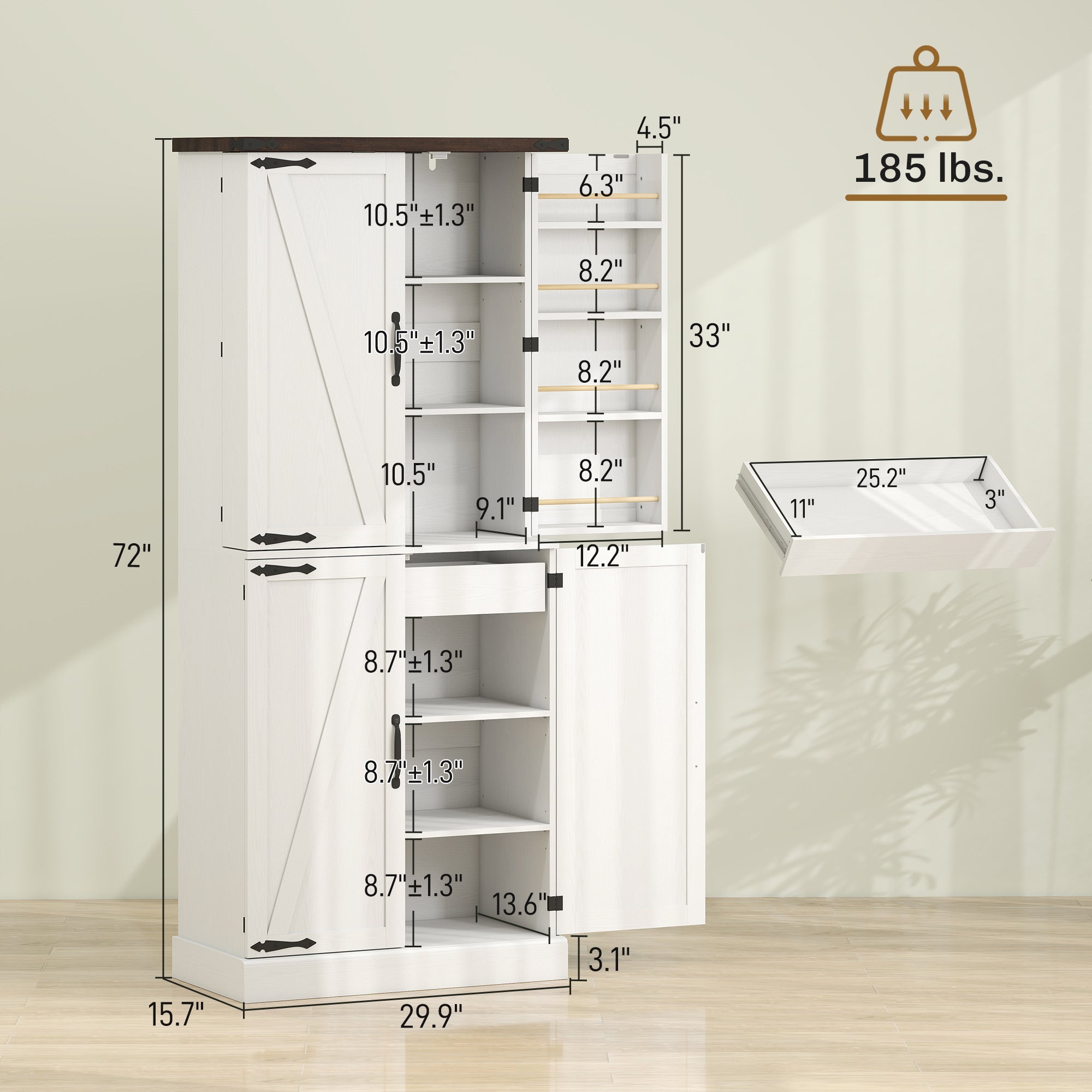 72" Tall Kitchen Pantry Cabinet, Farmhouse Storage Cabinet with 8 Door Racks and Drawer, Freestanding Food Pantry with Adjustable Shelves and Barn Doors, White