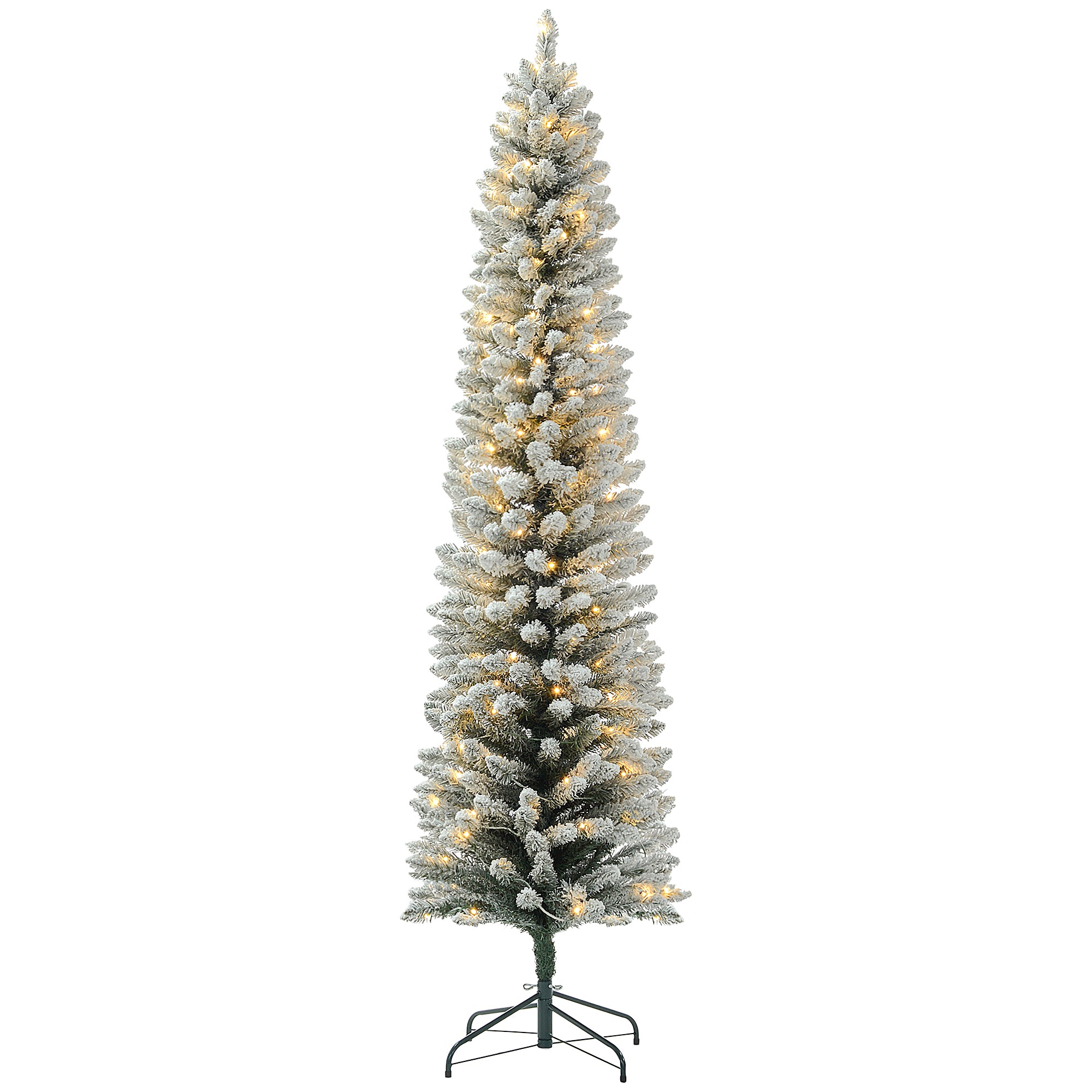 HOMCOM 7ft Prelit Artificial Pencil Christmas Tree with Warm White LED Light and 405 Snow Flocked Tips, Metal Base, Realistic Xmas Tree