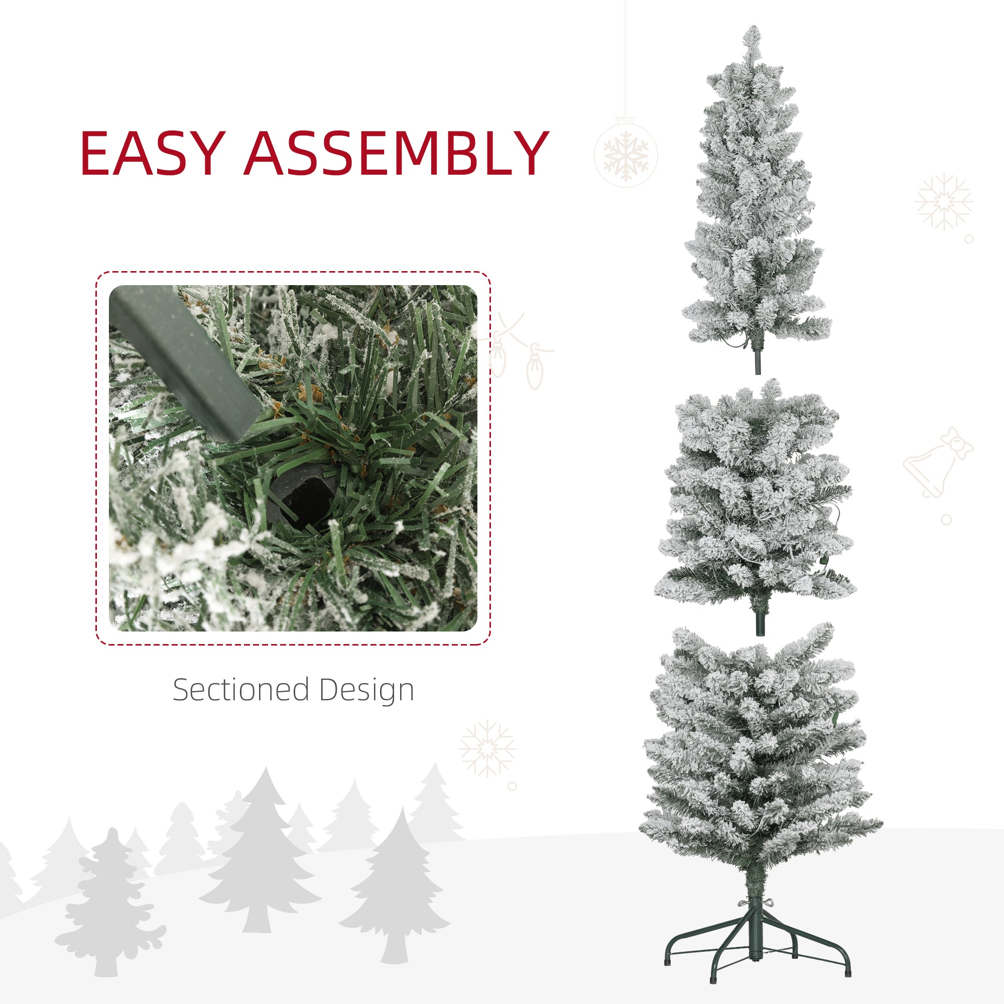 HOMCOM 7ft Prelit Artificial Pencil Christmas Tree with Warm White LED Light and 405 Snow Flocked Tips, Metal Base, Realistic Xmas Tree