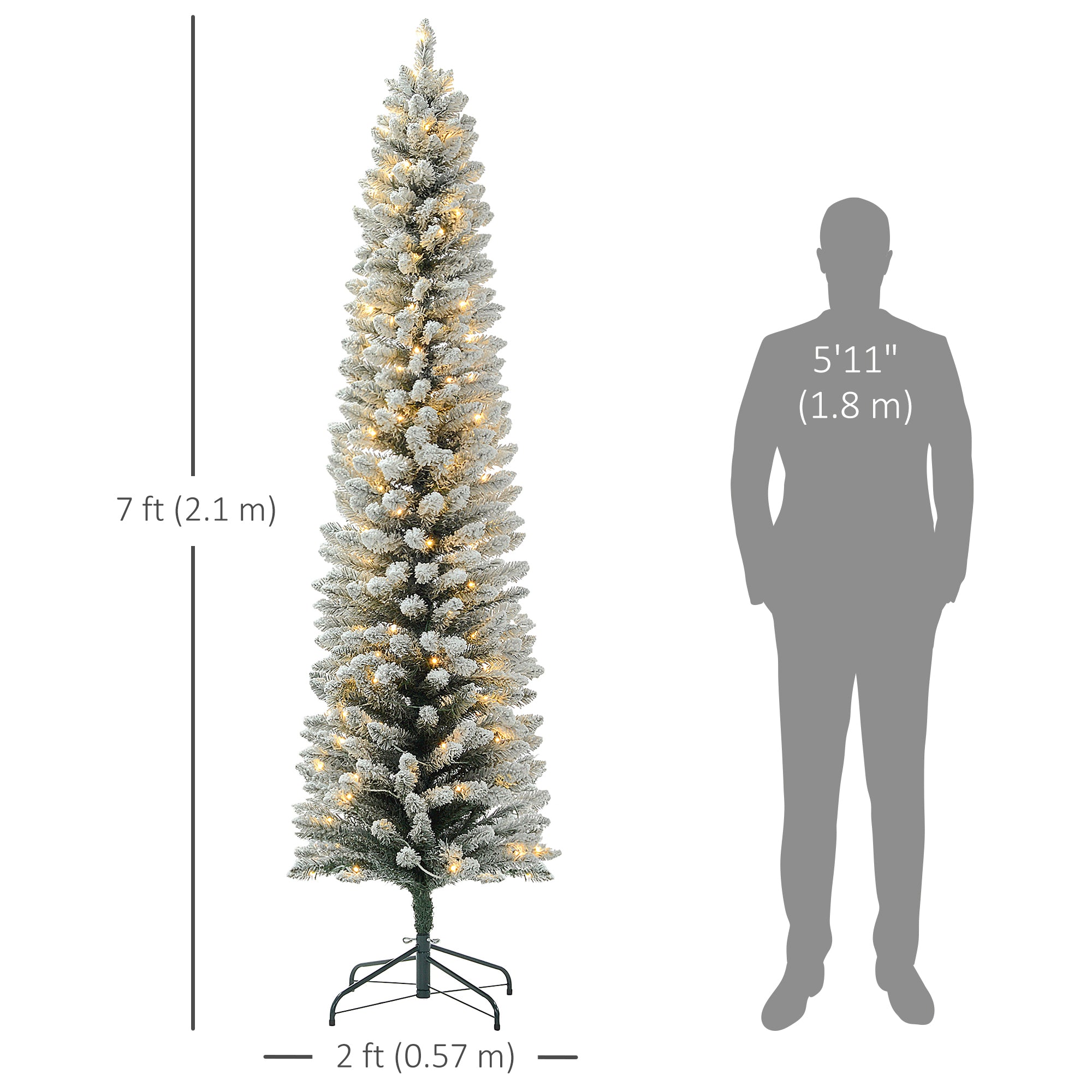 HOMCOM 7ft Prelit Artificial Pencil Christmas Tree with Warm White LED Light and 405 Snow Flocked Tips, Metal Base, Realistic Xmas Tree