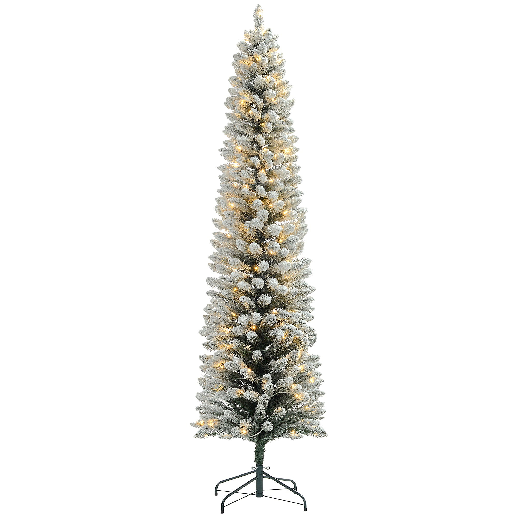 HOMCOM 7ft Prelit Artificial Pencil Christmas Tree with Warm White LED Light and 405 Snow Flocked Tips, Metal Base, Realistic Xmas Tree