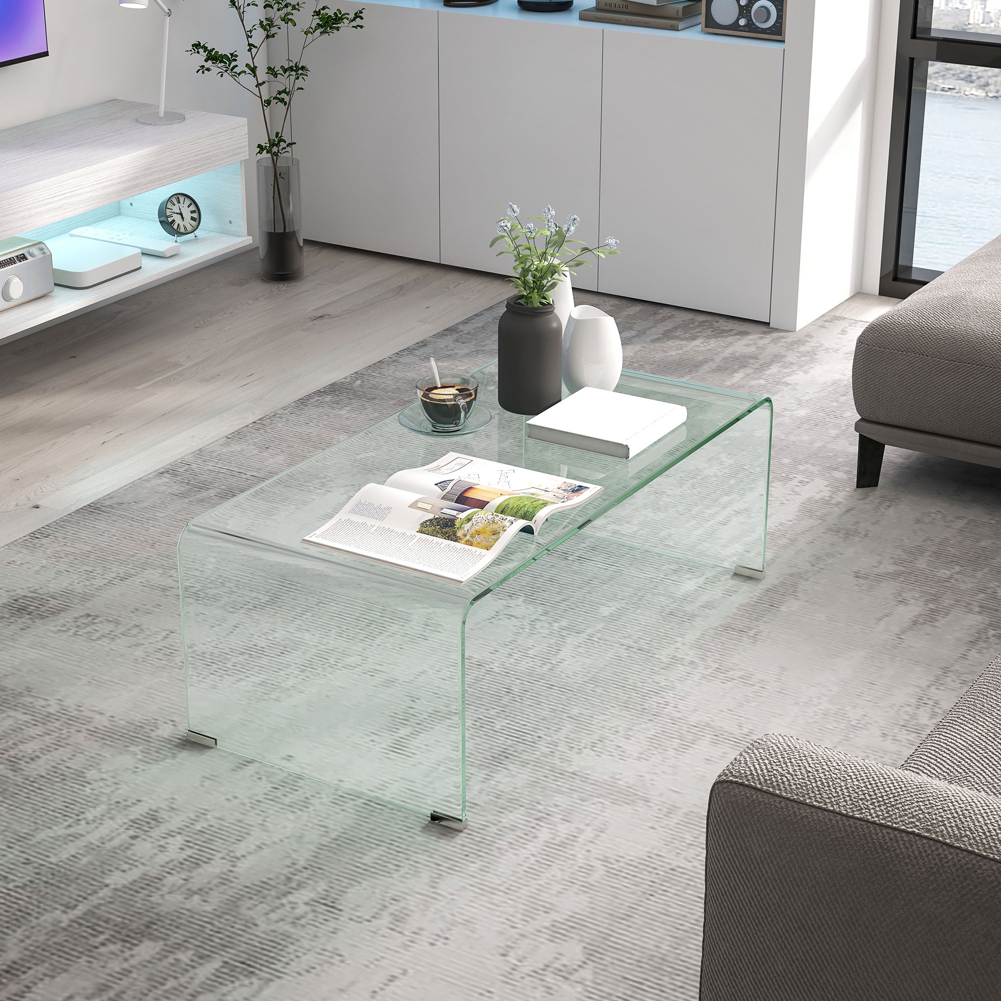 HOMCOM Glass Coffee Table, Modern Rectangle Living Room Table, Tempered Glass Transparent Center Table with Safe Rounded Edges, 39.4" x 19.7" x 13.8" , Clear