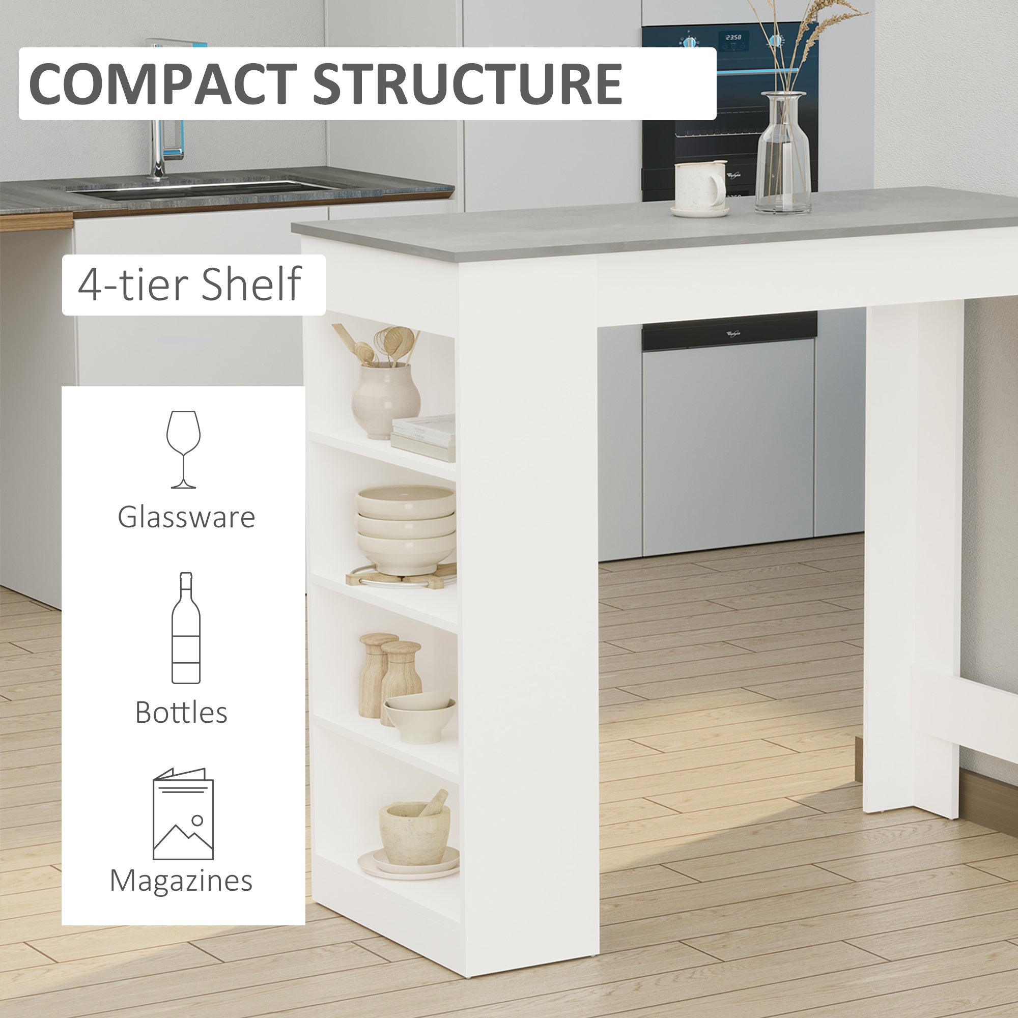 HOMCOM Bar Table, High Top Pub Table with 4 Storage Shelves, Modern Bar Height Table for Home Bar, Kitchen, Grey