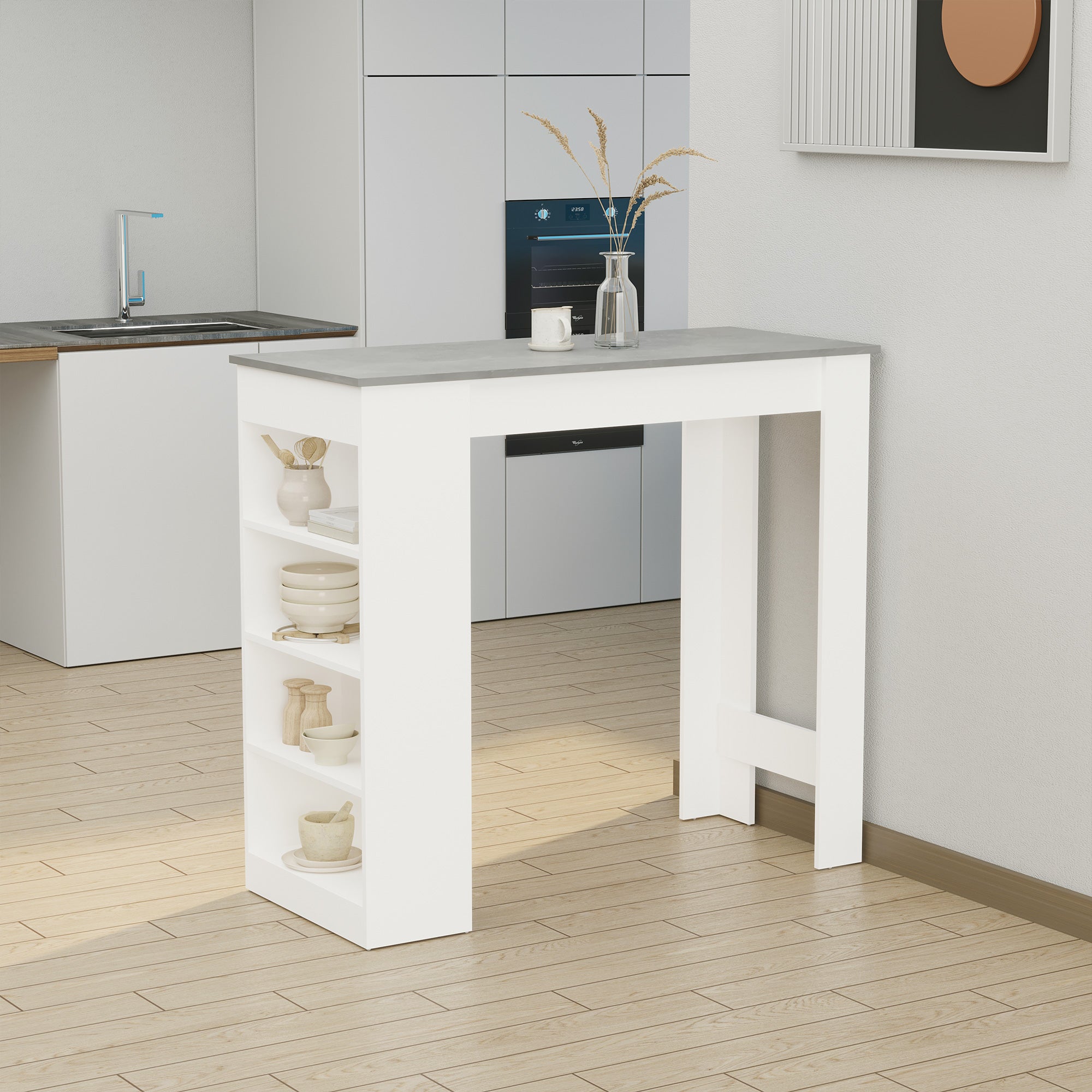 HOMCOM Bar Table, High Top Pub Table with 4 Storage Shelves, Modern Bar Height Table for Home Bar, Kitchen, Grey
