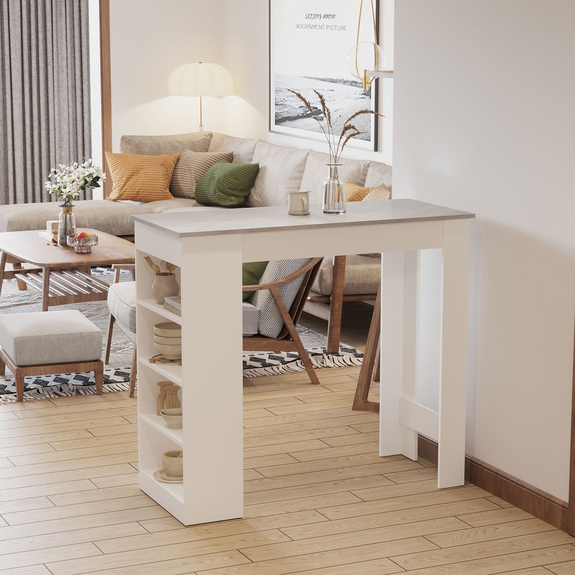 HOMCOM Bar Table, High Top Pub Table with 4 Storage Shelves, Modern Bar Height Table for Home Bar, Kitchen, Grey