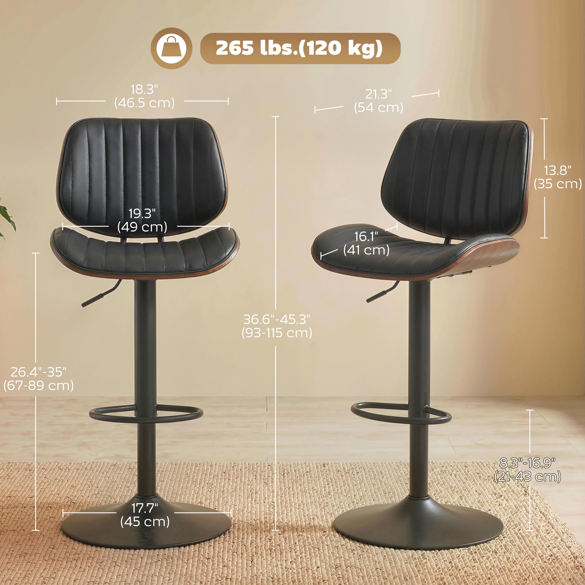 Bar Stools Set of 2, Mid-Century Modern Swivel Counter Height Barstools with Back, Adjustable Height, Footrest, PU Leather Bar Chairs for Kitchen Island Dining Room, Black