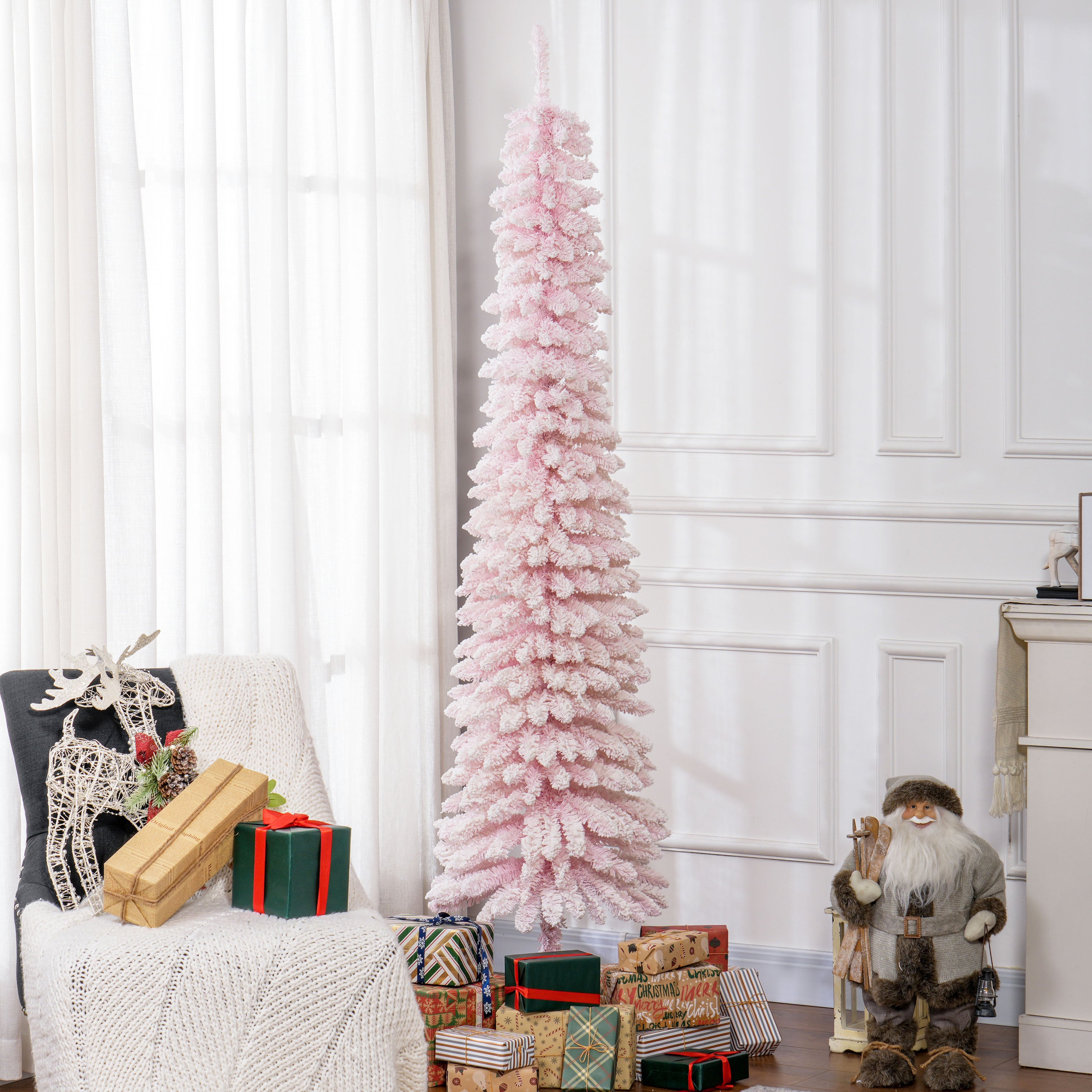HOMCOM 7 FT Snow-Flocked Artificial Christmas Tree, Slim Pencil Xmas Tree with Realistic Branches, Metal Base, Pink