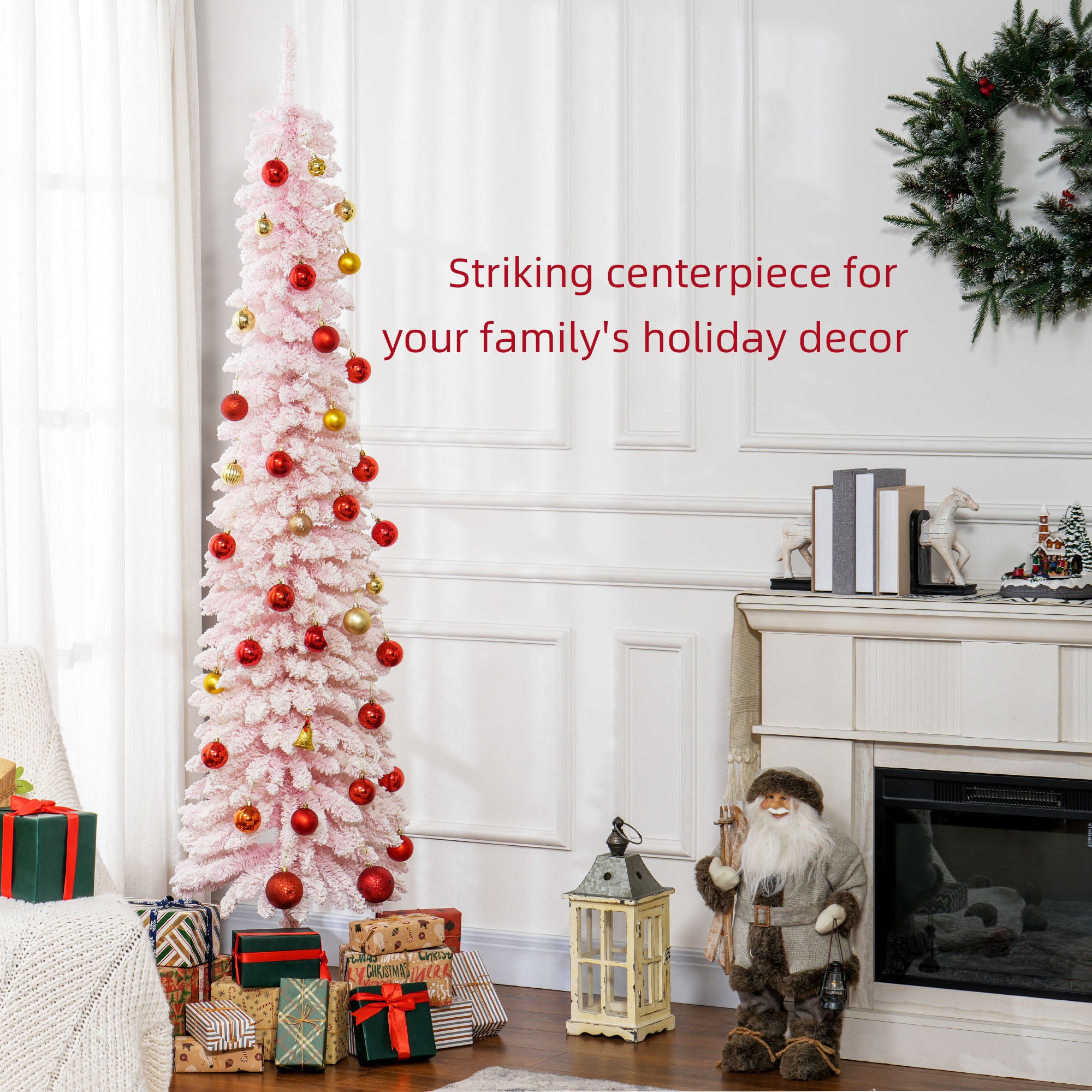 HOMCOM 7 FT Snow-Flocked Artificial Christmas Tree, Slim Pencil Xmas Tree with Realistic Branches, Metal Base, Pink
