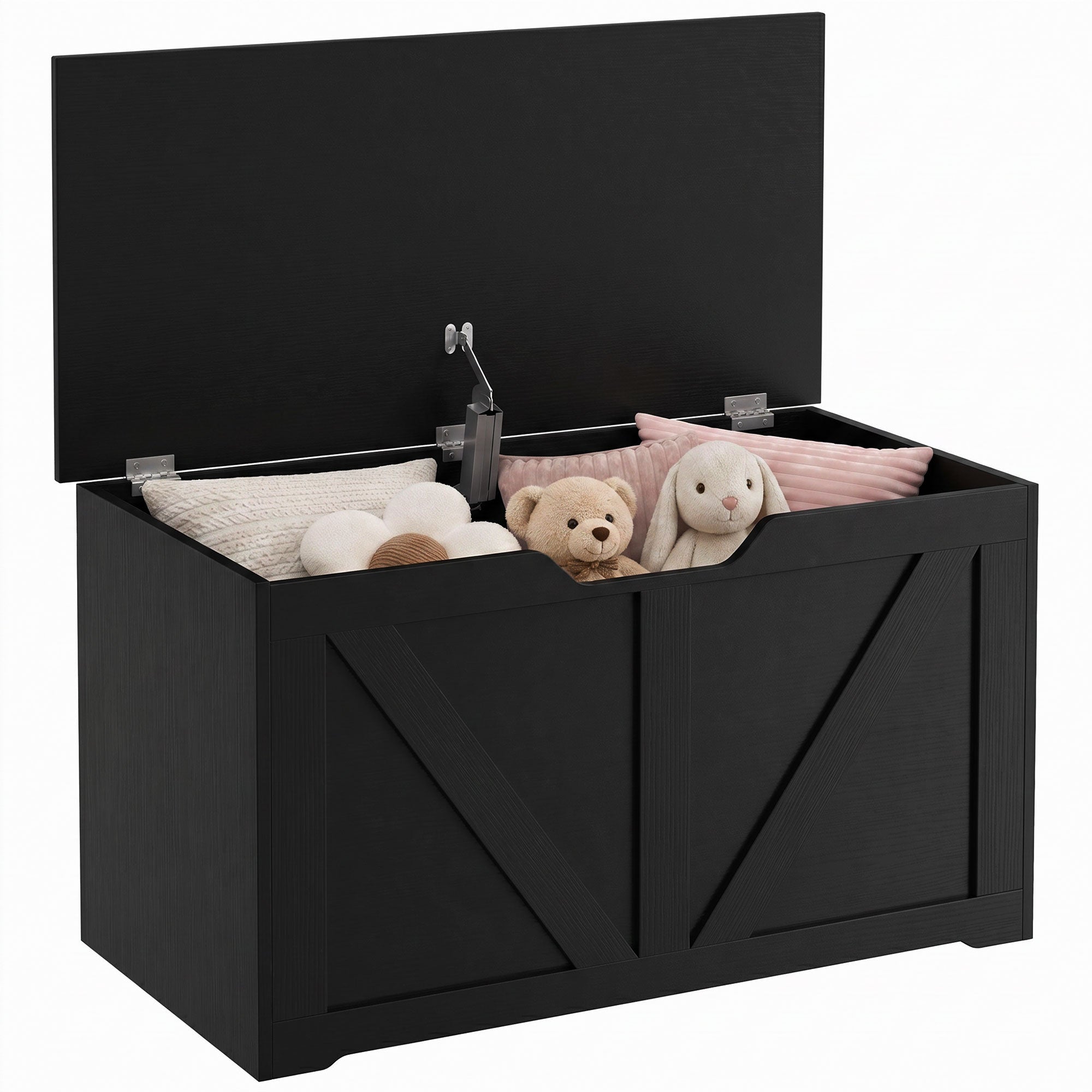 100L Storage Chest, Shoe Storage Trunk Bench Box with Safety Hinge and U-shaped Cut-out Pull, Blanket Box Ottoman for Bedroom, Living Room, Entryway, 80 x 40 x 45 cm, Black Wood-Effect