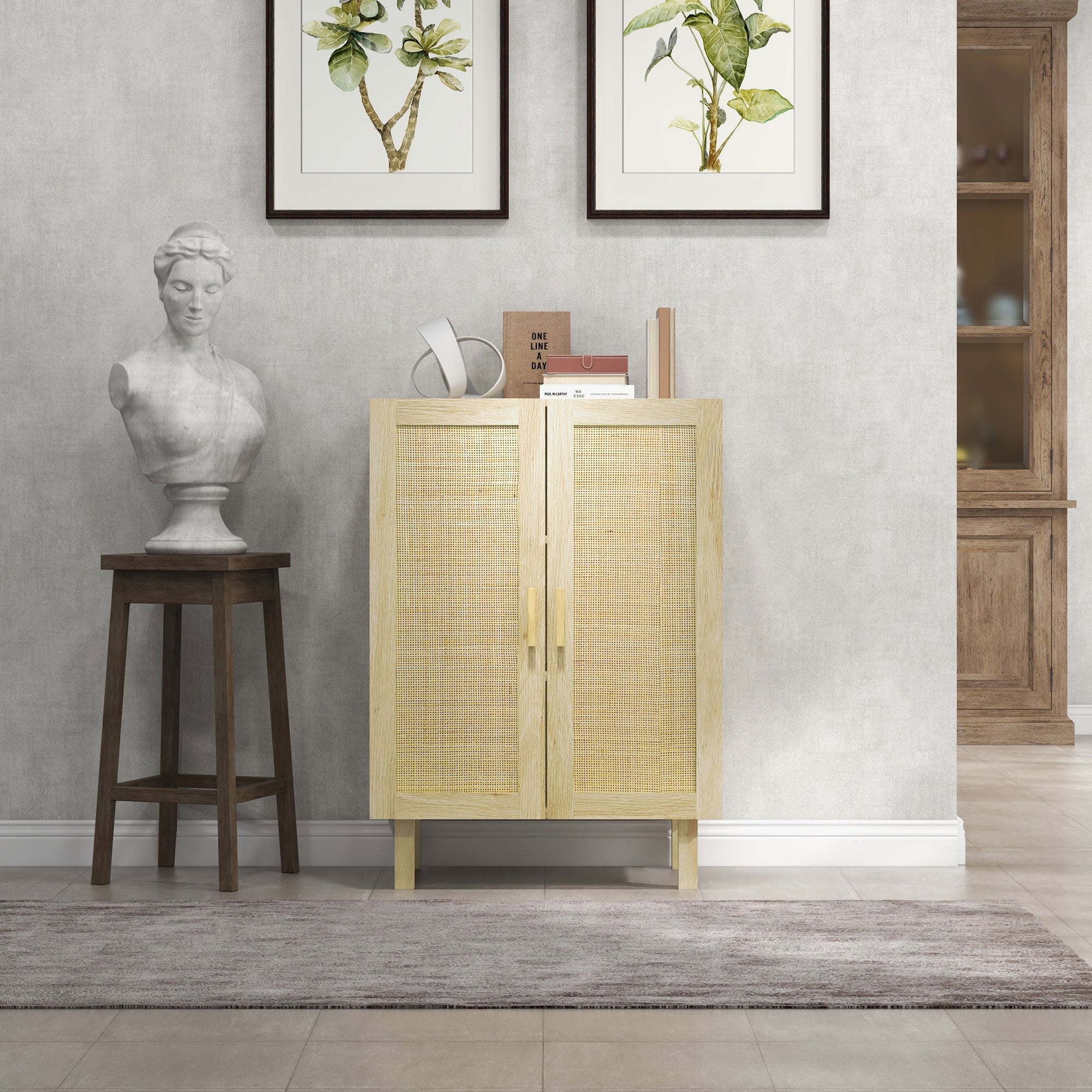 Boho Sideboard, Buffet Cabinet with Storage, 29" Coffee Bar Cabinet with Rattan Doors and Adjustable Shelves, Natural Wood