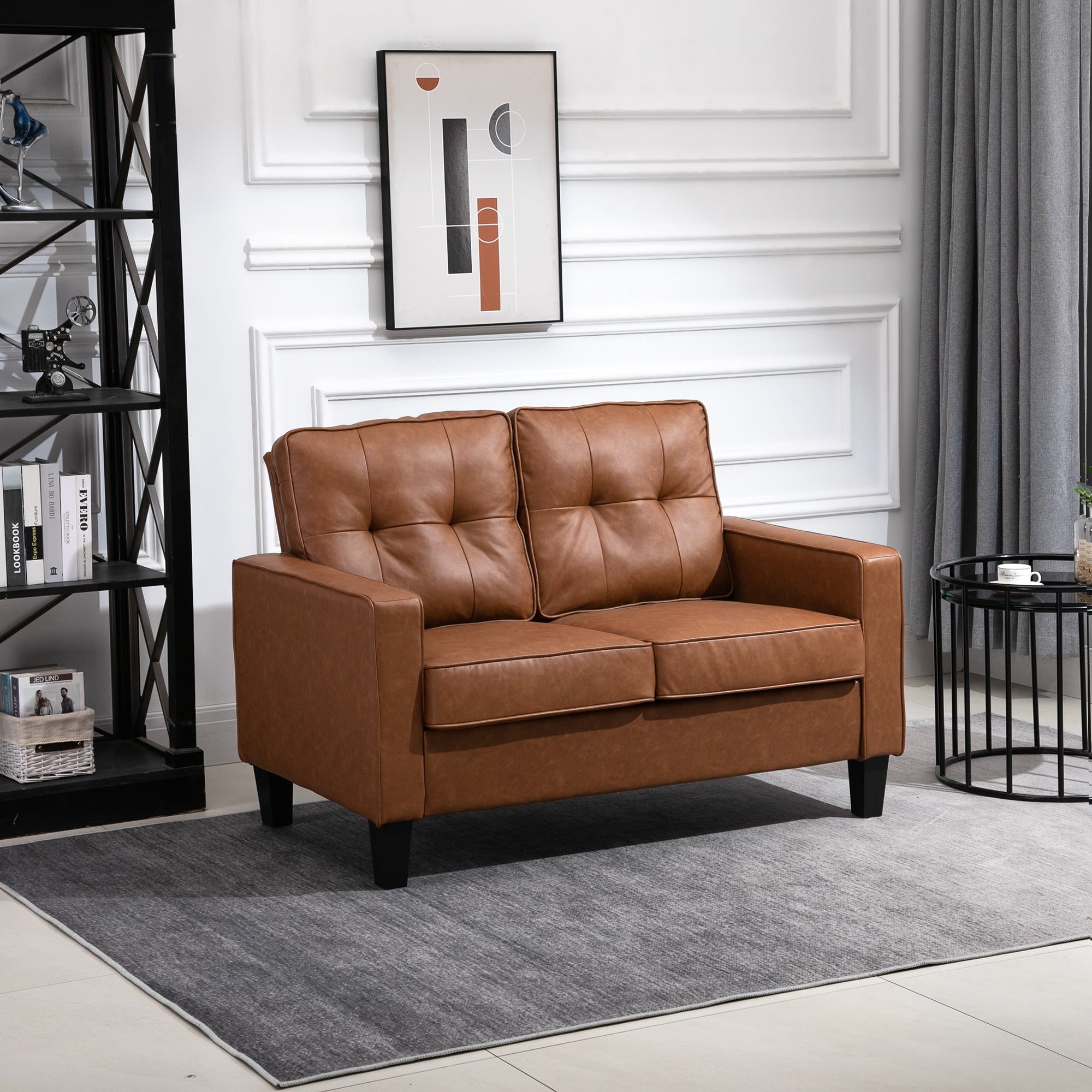 HOMCOM 51" PU Leather Loveseat, Double Sofa with Armrests, Tufted Backrest, Pocket Spring and Sponge Padded Cushion for Living Room, Bedroom, Home Office and Dorm, Brown