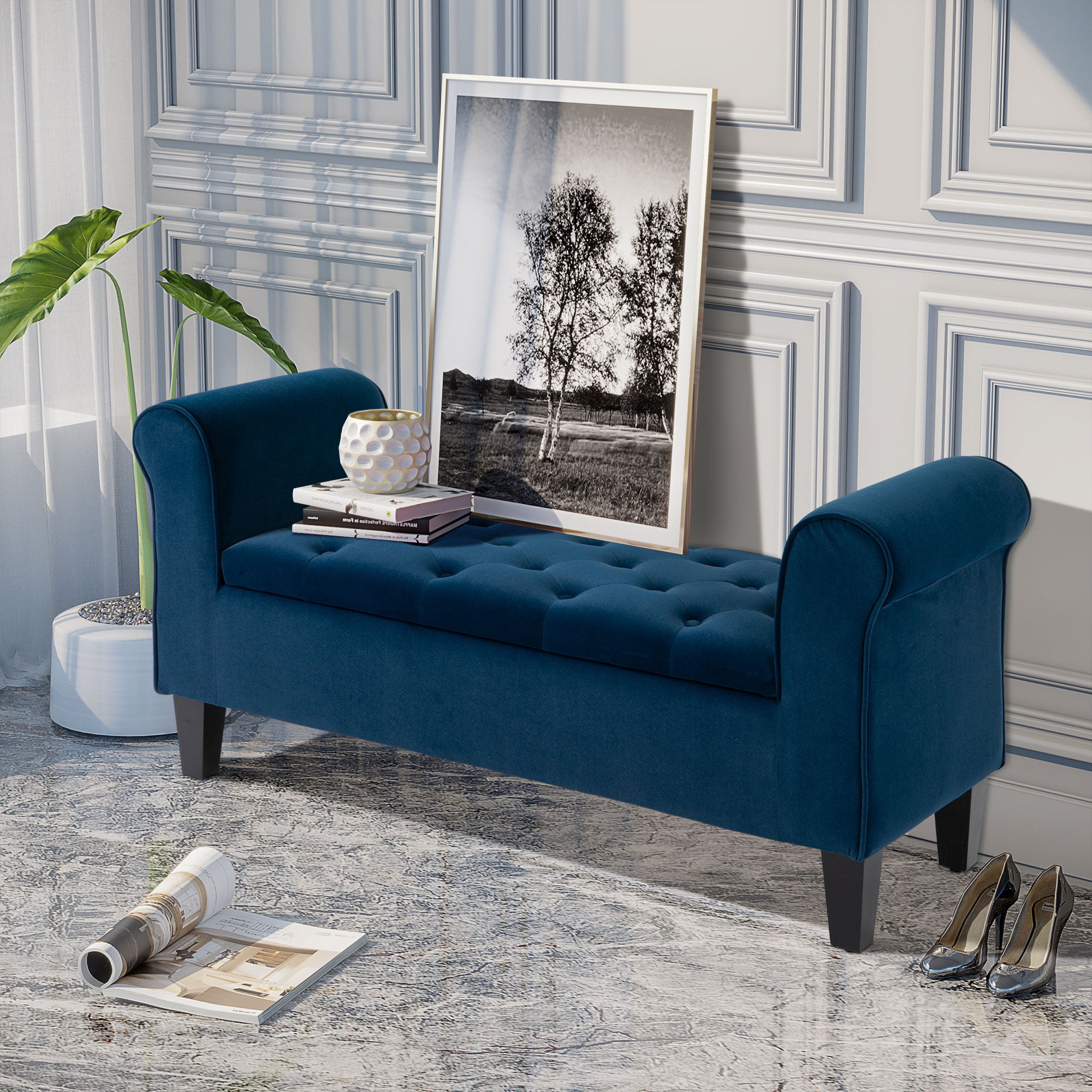 Button Tufted Storage Ottoman Bench Upholstered Bench with Rolled Armrests for Living Room Blue