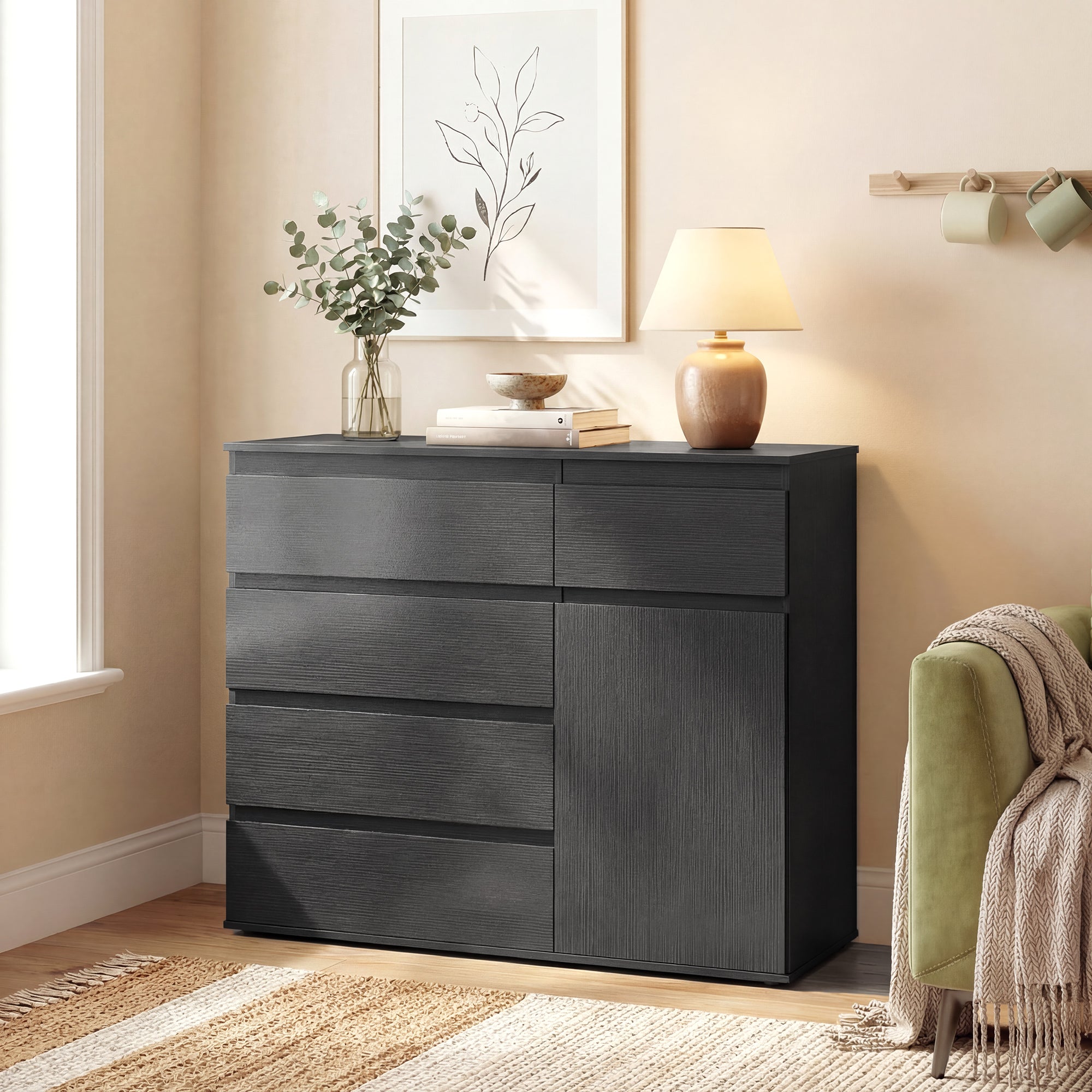 Modern Sideboard, Sideboard Storage Cabinet with 5 Drawers, Adjustable Shelf, Soft-Close Door, Storage Cupboard for Dining Room, Kitchen, Living Room, Black