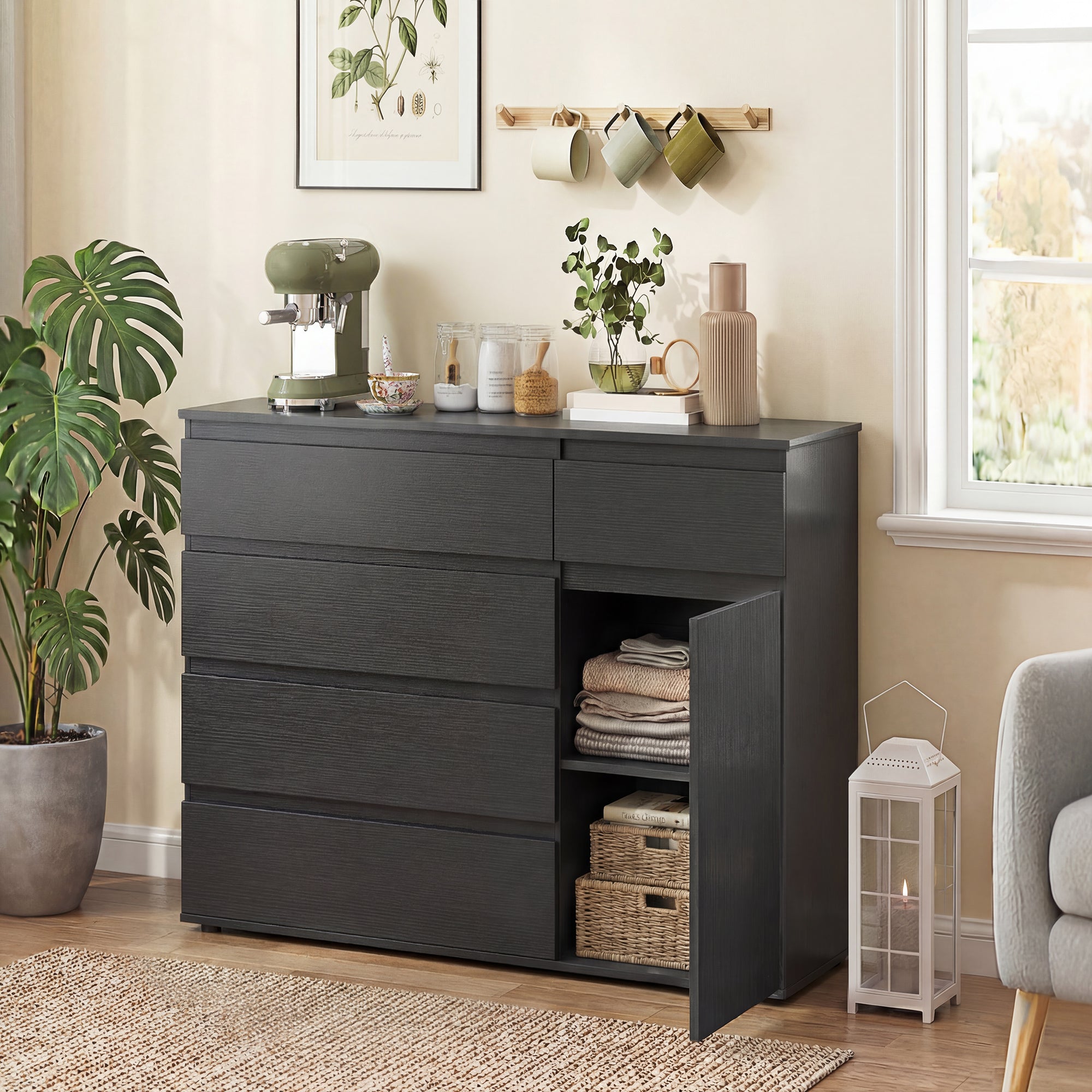 Modern Sideboard, Sideboard Storage Cabinet with 5 Drawers, Adjustable Shelf, Soft-Close Door, Storage Cupboard for Dining Room, Kitchen, Living Room, Black