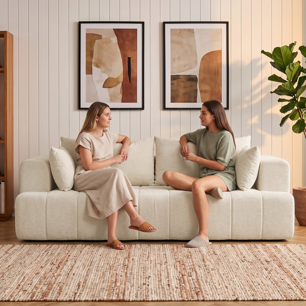 3 Seater Sofa, Chenille Boneless Cloud Couch with Thick Spring Cushion, Wide and Deep Seat, Wide Armrests, 2 Pillows, Anti-Slip Bottom, Modern Sofa Settee for Living Room, Beige