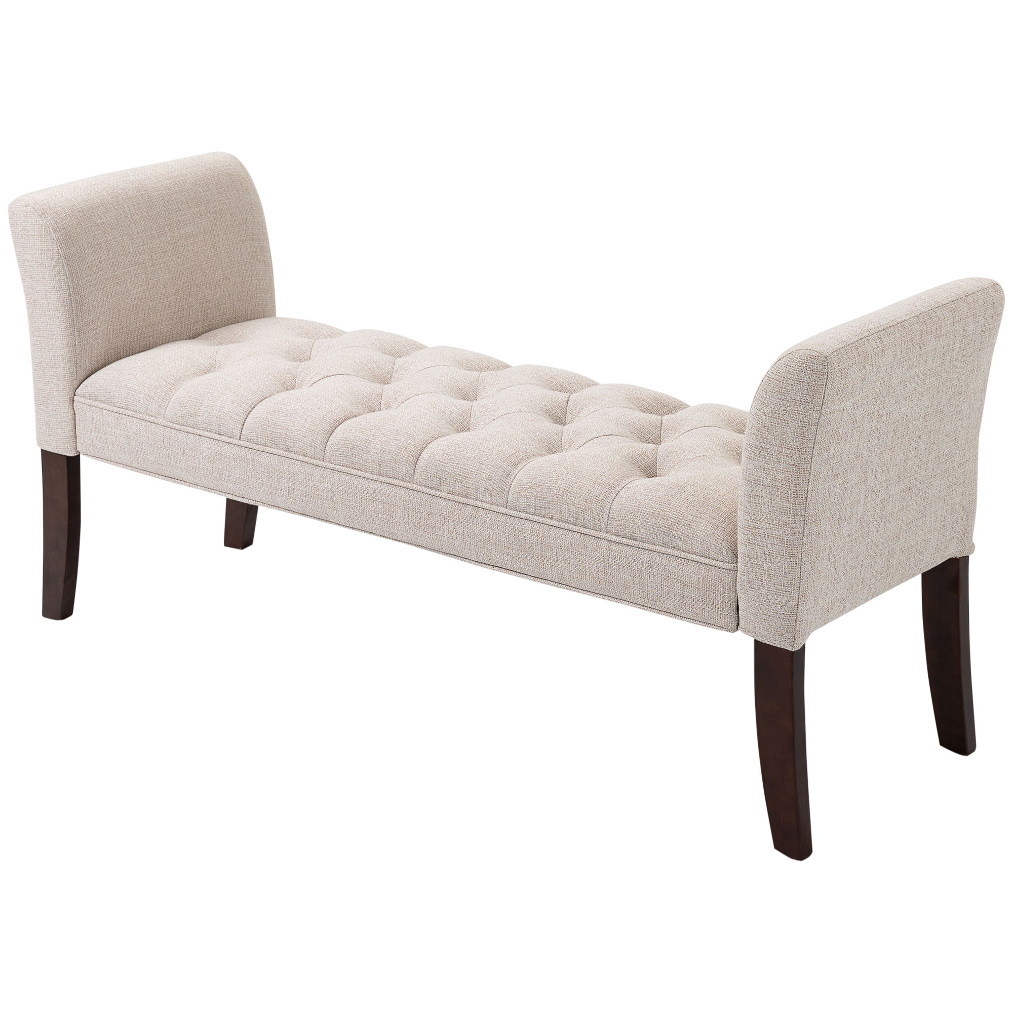 Upholstered Bedroom Bench with Button Tufted Design, End of Bed Bench with Arms and Solid Wood Legs, Beige