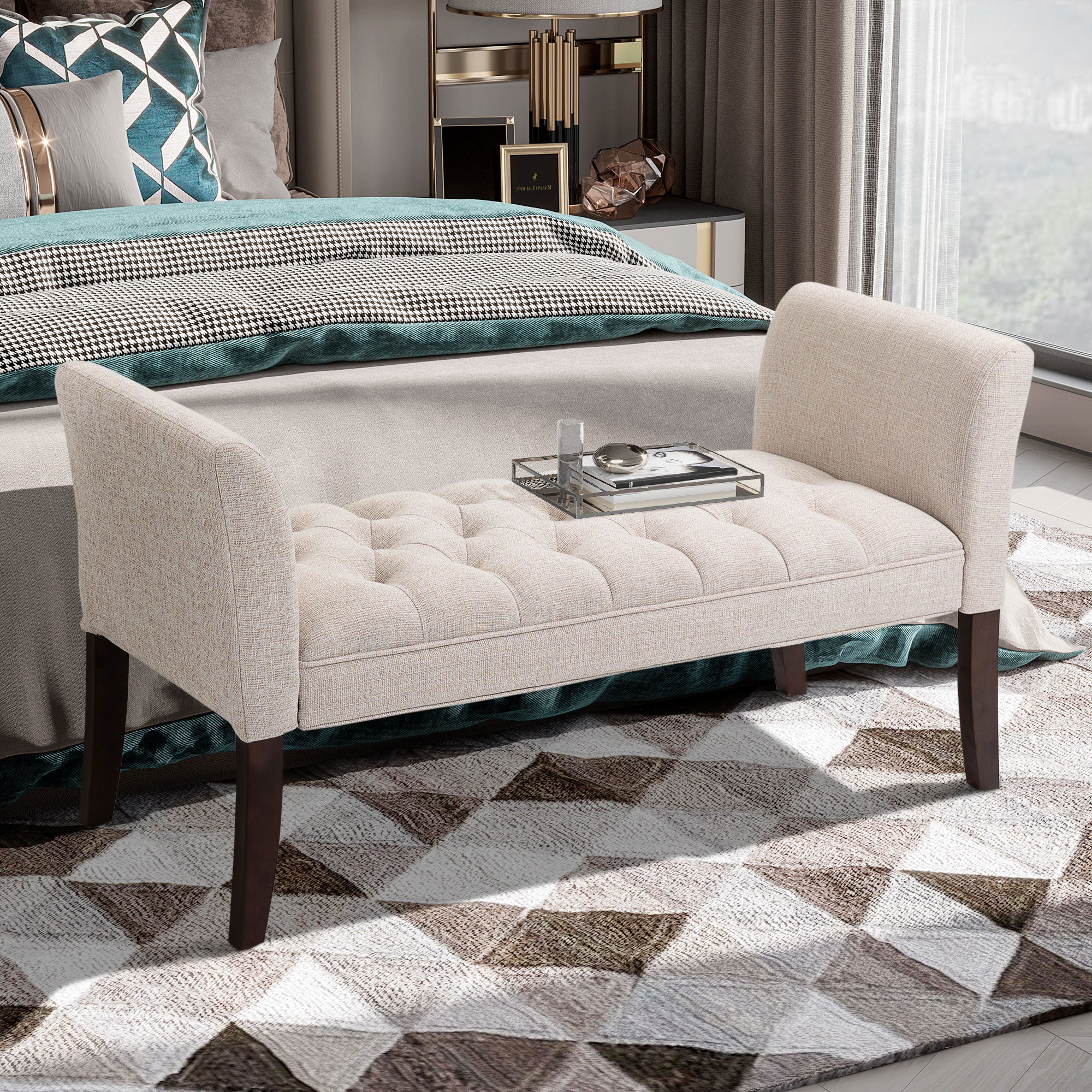 Upholstered Bedroom Bench with Button Tufted Design, End of Bed Bench with Arms and Solid Wood Legs, Beige