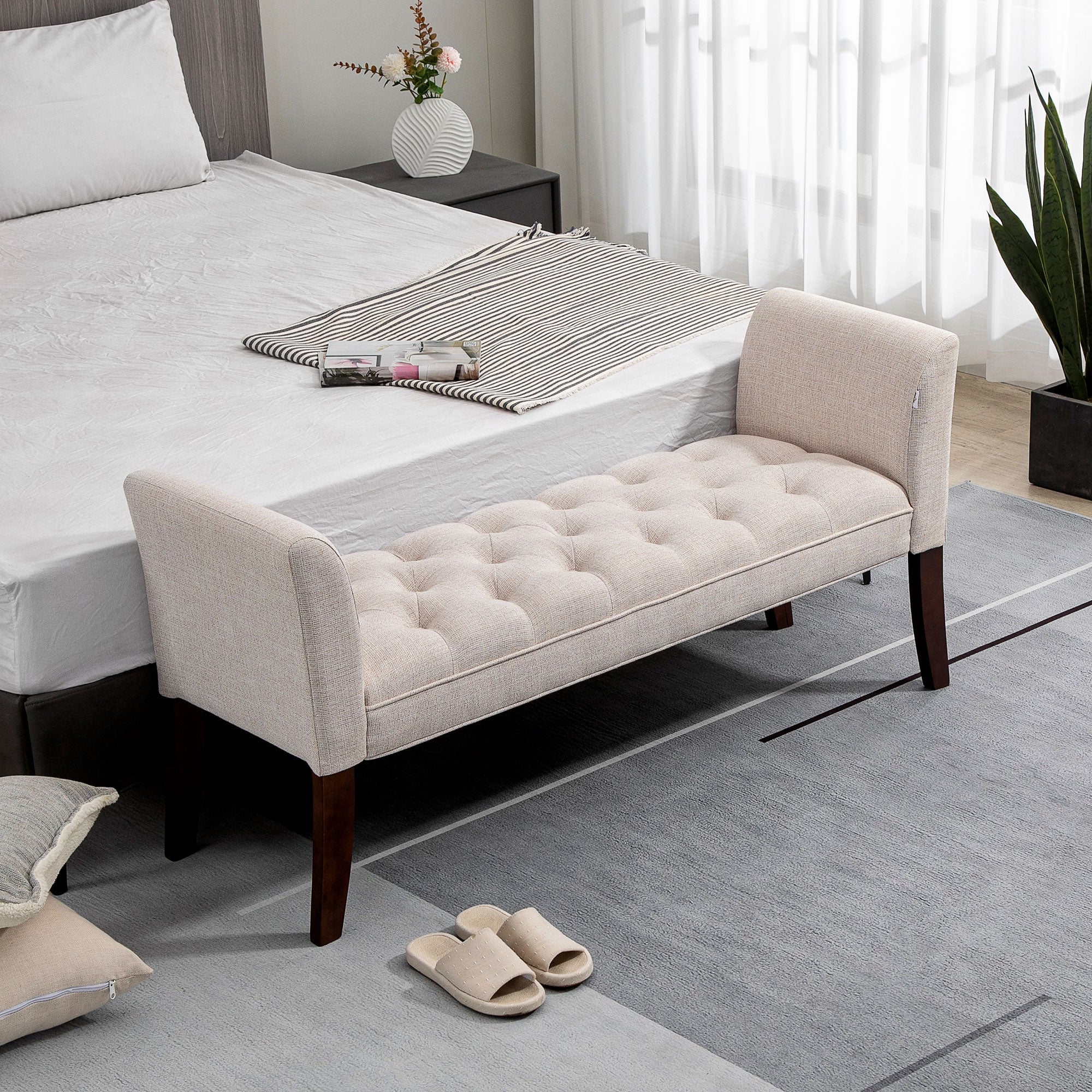 Upholstered Bedroom Bench with Button Tufted Design, End of Bed Bench with Arms and Solid Wood Legs, Beige