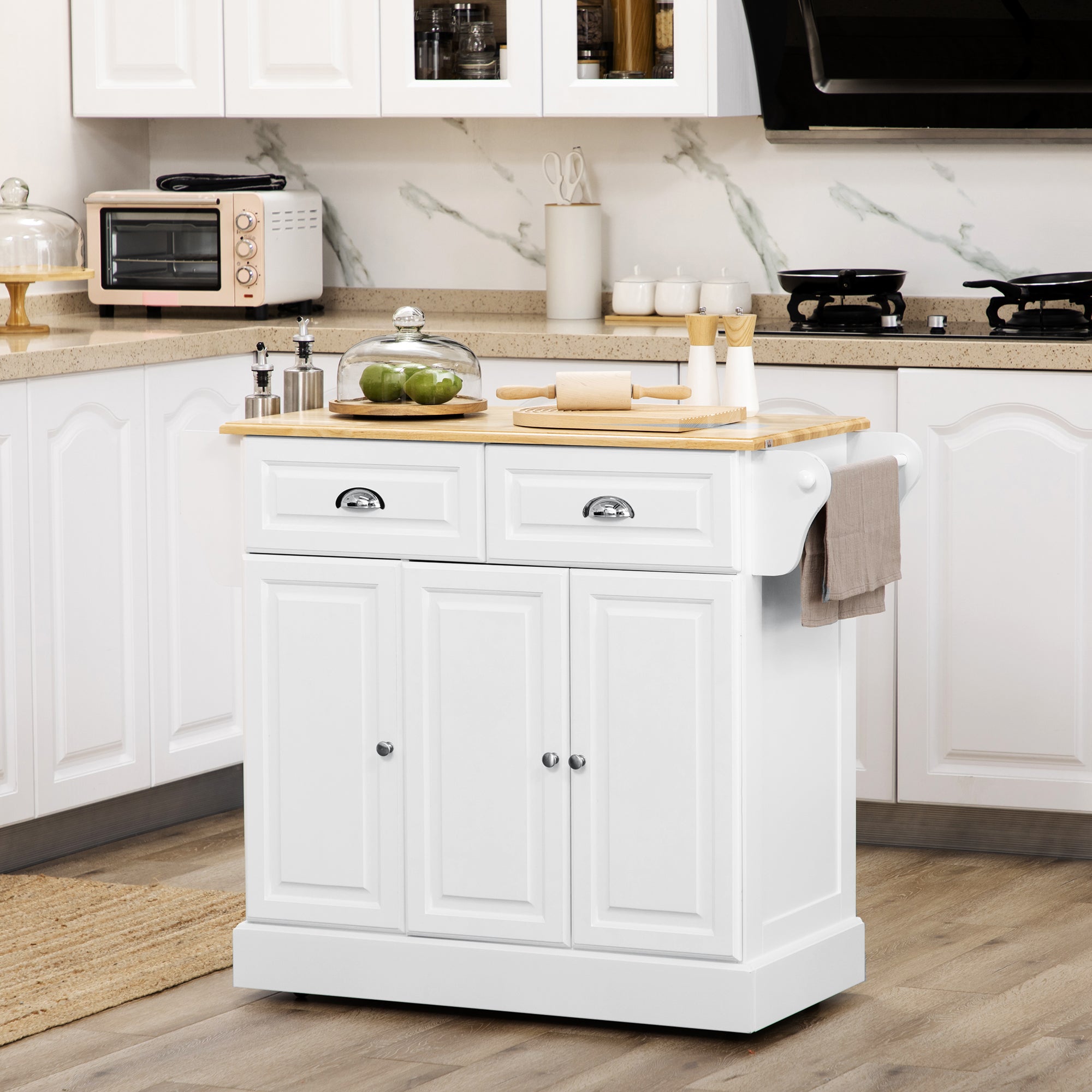 Triple-Cabinet Kitchen Island on Wheels, Kitchen Storage Cabinet with Drawers, Rolling Utility Cart