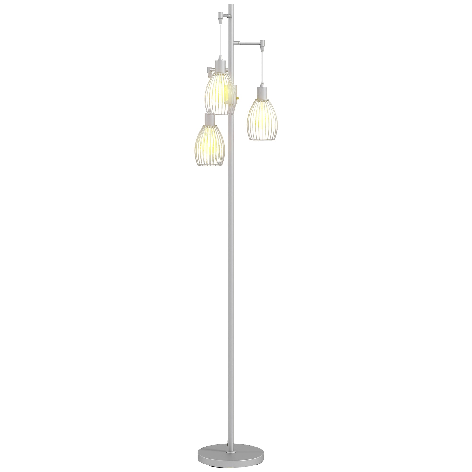 Industrial Floor Lamp with 3 Hanging Wire Lampshades, Dimmable Standing Lamp for Living Room, Bedroom, Dining Room, Study, Silver