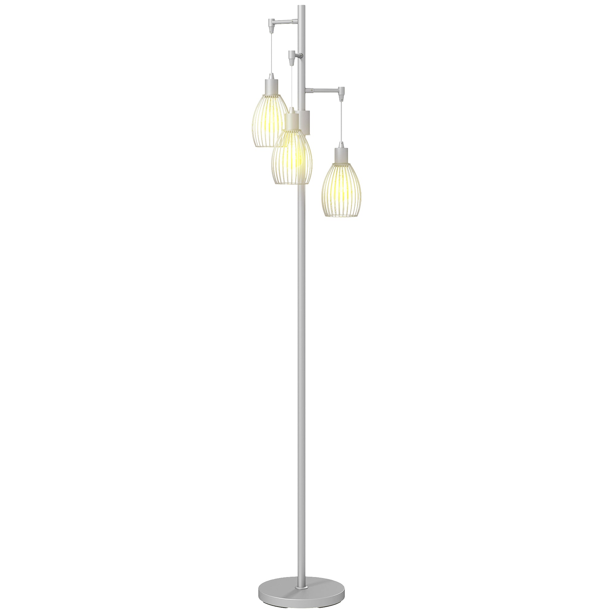 Industrial Floor Lamp with 3 Hanging Wire Lampshades, Dimmable Standing Lamp for Living Room, Bedroom, Dining Room, Study, Silver