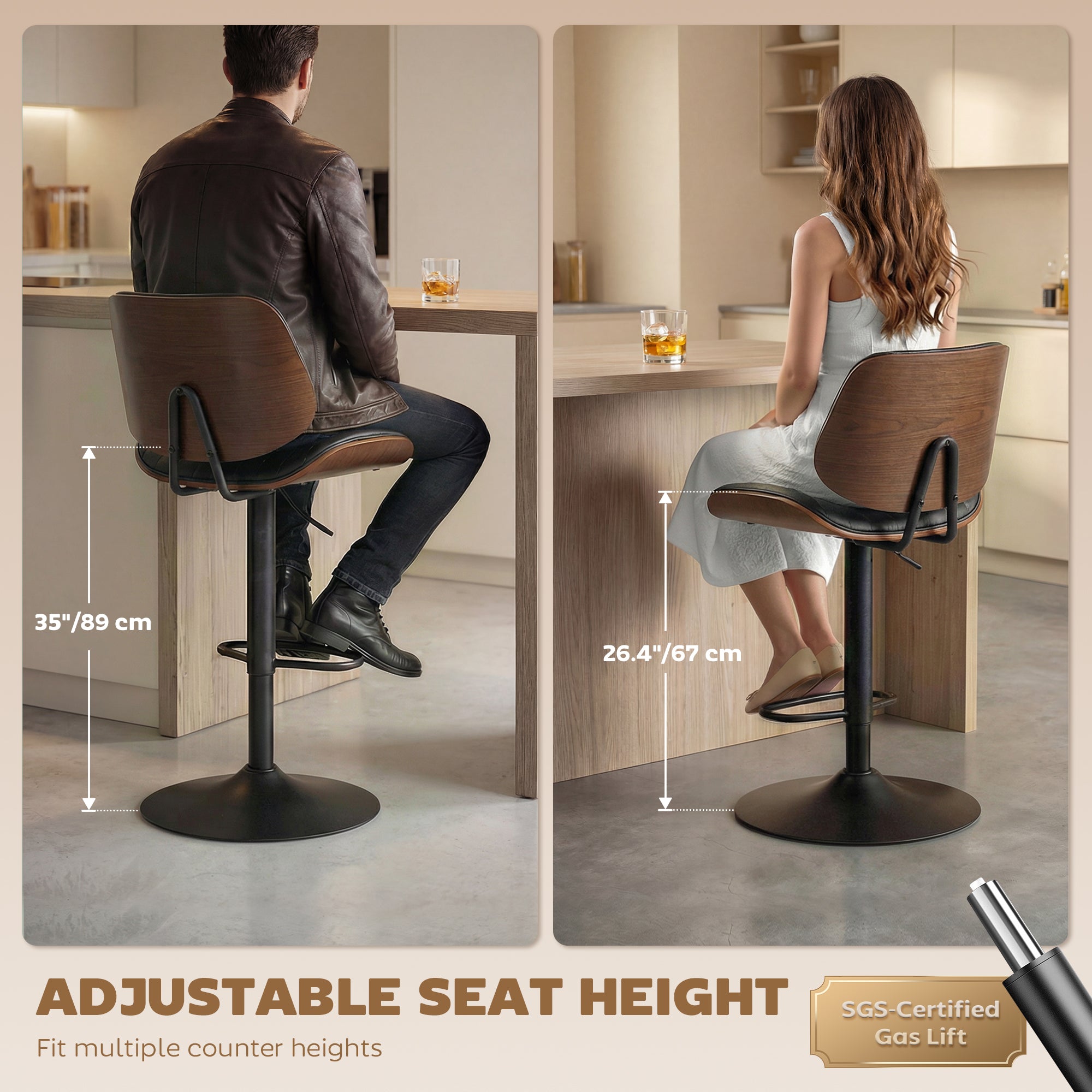 Bar Stools Set of 2, Mid-Century Modern Swivel Counter Height Barstools with Back, Adjustable Height, Footrest, PU Leather Bar Chairs for Kitchen Island Dining Room, Black