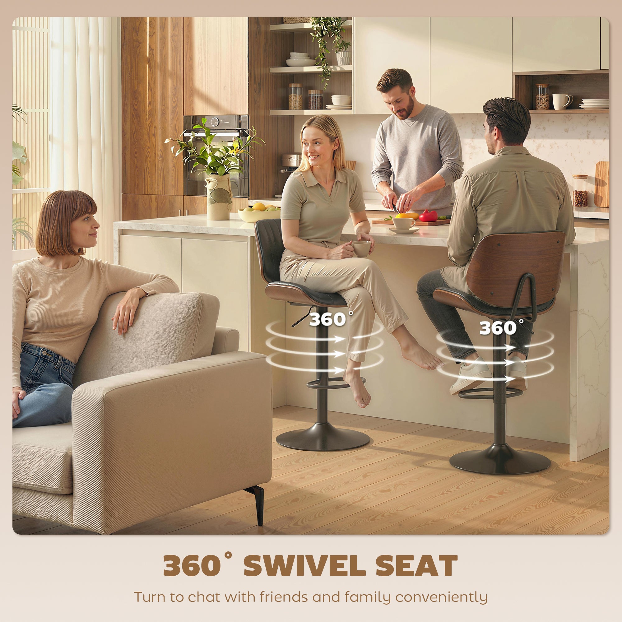 Bar Stools Set of 2, Mid-Century Modern Swivel Counter Height Barstools with Back, Adjustable Height, Footrest, PU Leather Bar Chairs for Kitchen Island Dining Room, Black