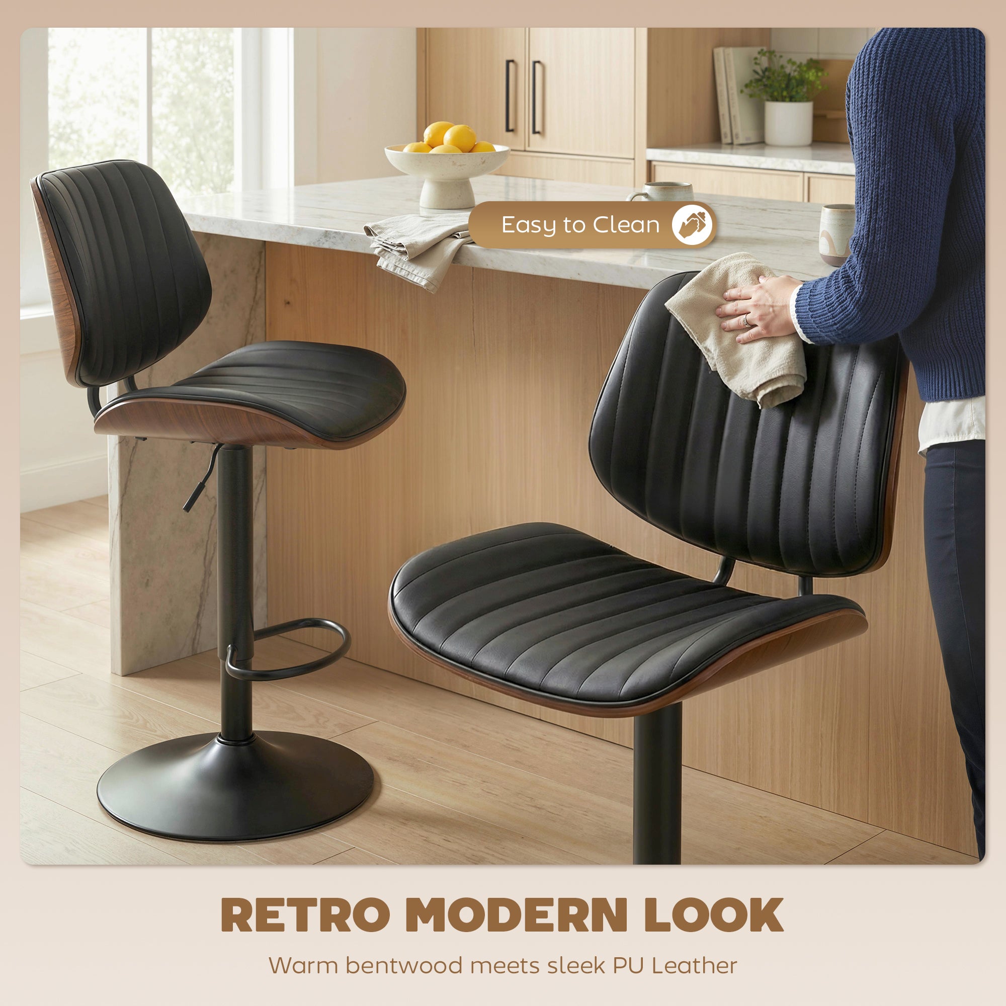 Bar Stools Set of 2, Mid-Century Modern Swivel Counter Height Barstools with Back, Adjustable Height, Footrest, PU Leather Bar Chairs for Kitchen Island Dining Room, Black