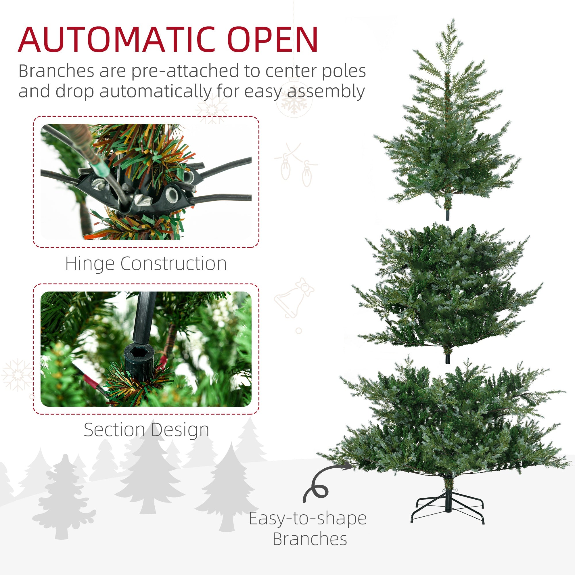 7.5' Artificial Wide Christmas Tree Holiday Decor, with Easy-to-Shape Branches, Auto Open, Steel Base, Green