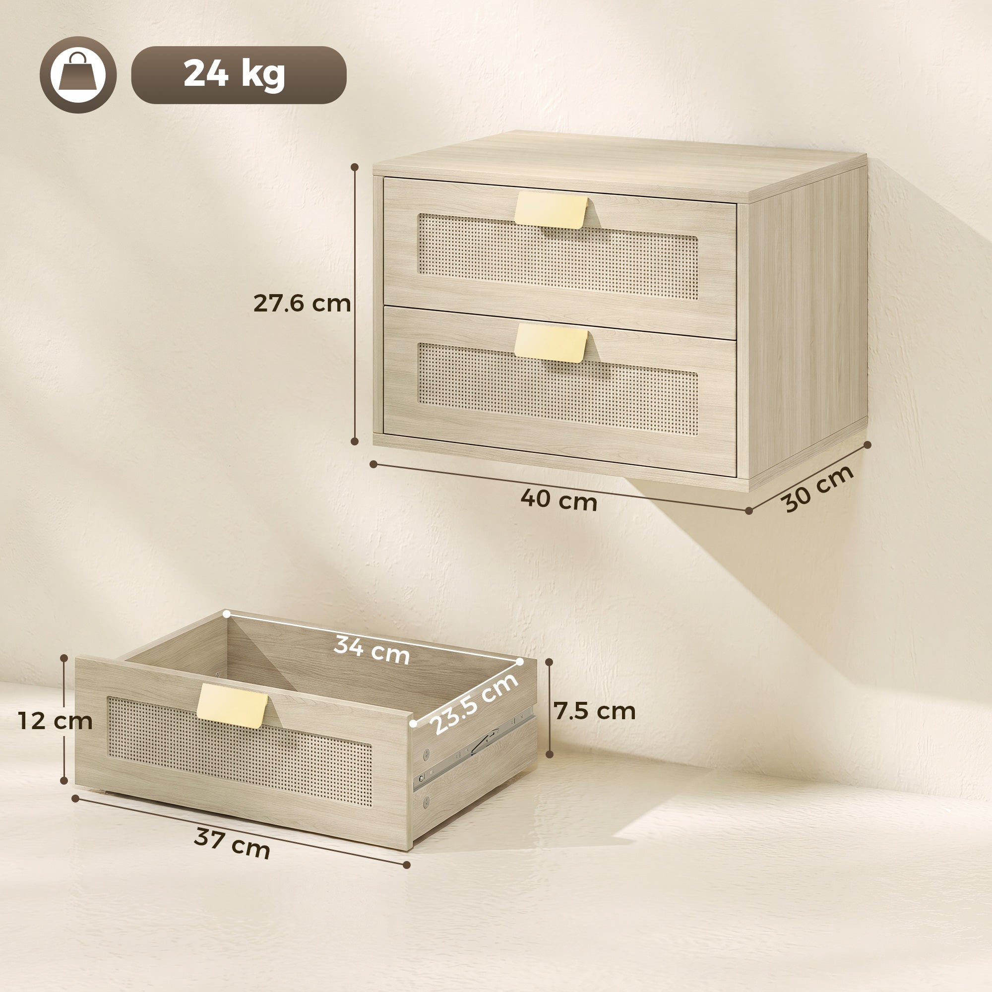 Modern Floating Nightstands Set of 2, Wall Mounted Bedside Tables with 2 Drawers, Bedside Cabinet for Bedroom Living Room, Oak