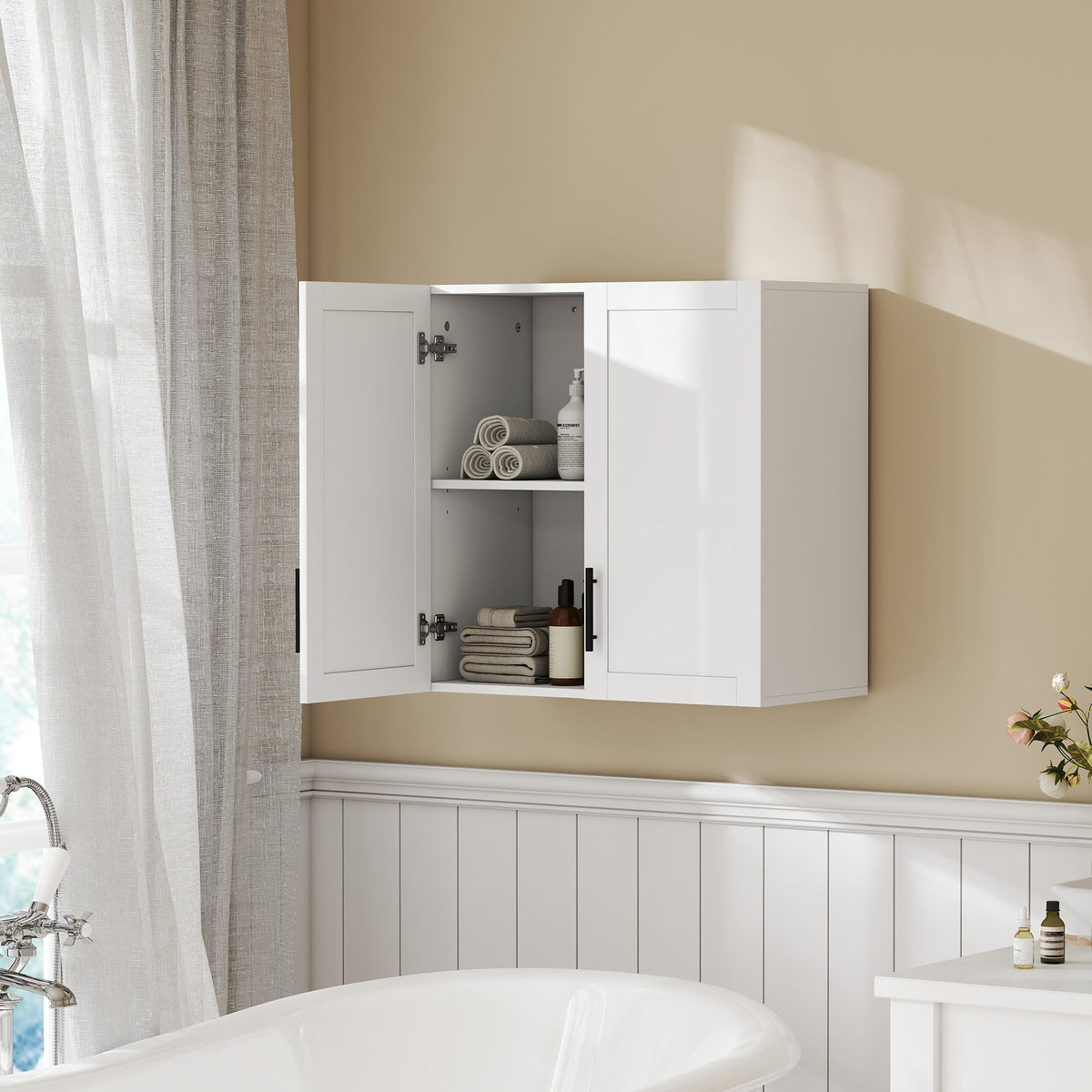 Bathroom Wall Cabinet, Wall Mounted Over the Toilet Space Saver with 2 Doors and Adjustable Shelf Storage for Bathroom, White