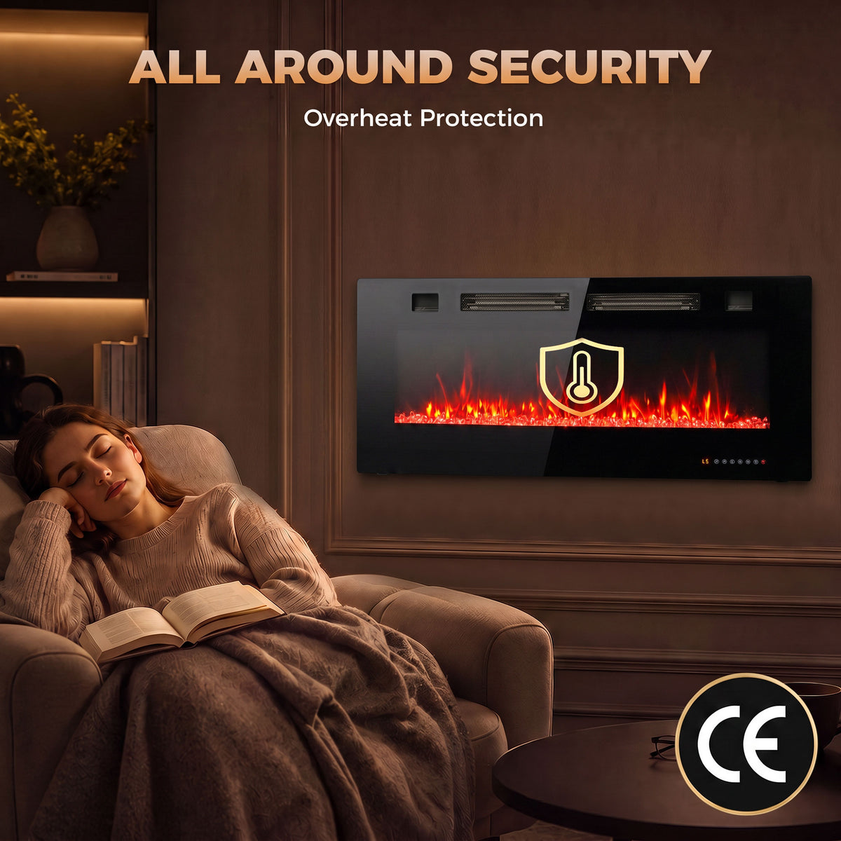 42" Electric Fireplace Insert, Ultra-Thin Recessed, Wall Mounted and Freestanding Fireplace w/ Flame Effect, Adjustable Brightness, Crystal Stone, Remote, 750W/1500W, Black