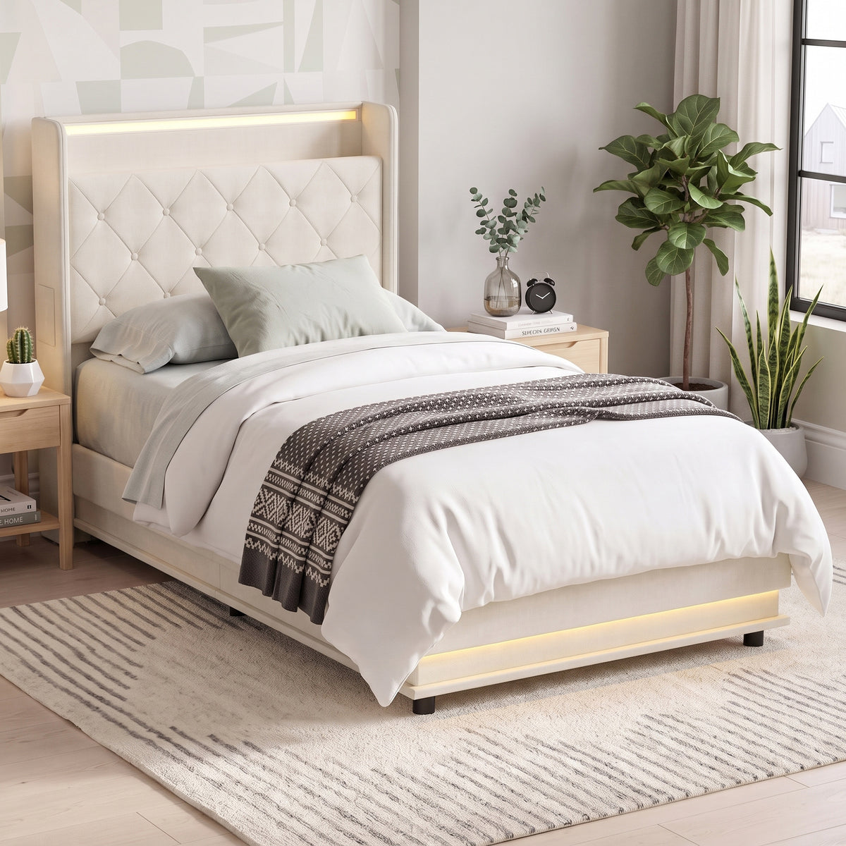 3ft Single Ottoman Bed Frame with Hydraulic Storage, APP Control LED Lights and Charging Station, Upholstered Lift Up Storage Bed Frame with Headboard, No Box Spring Needed, Cream White