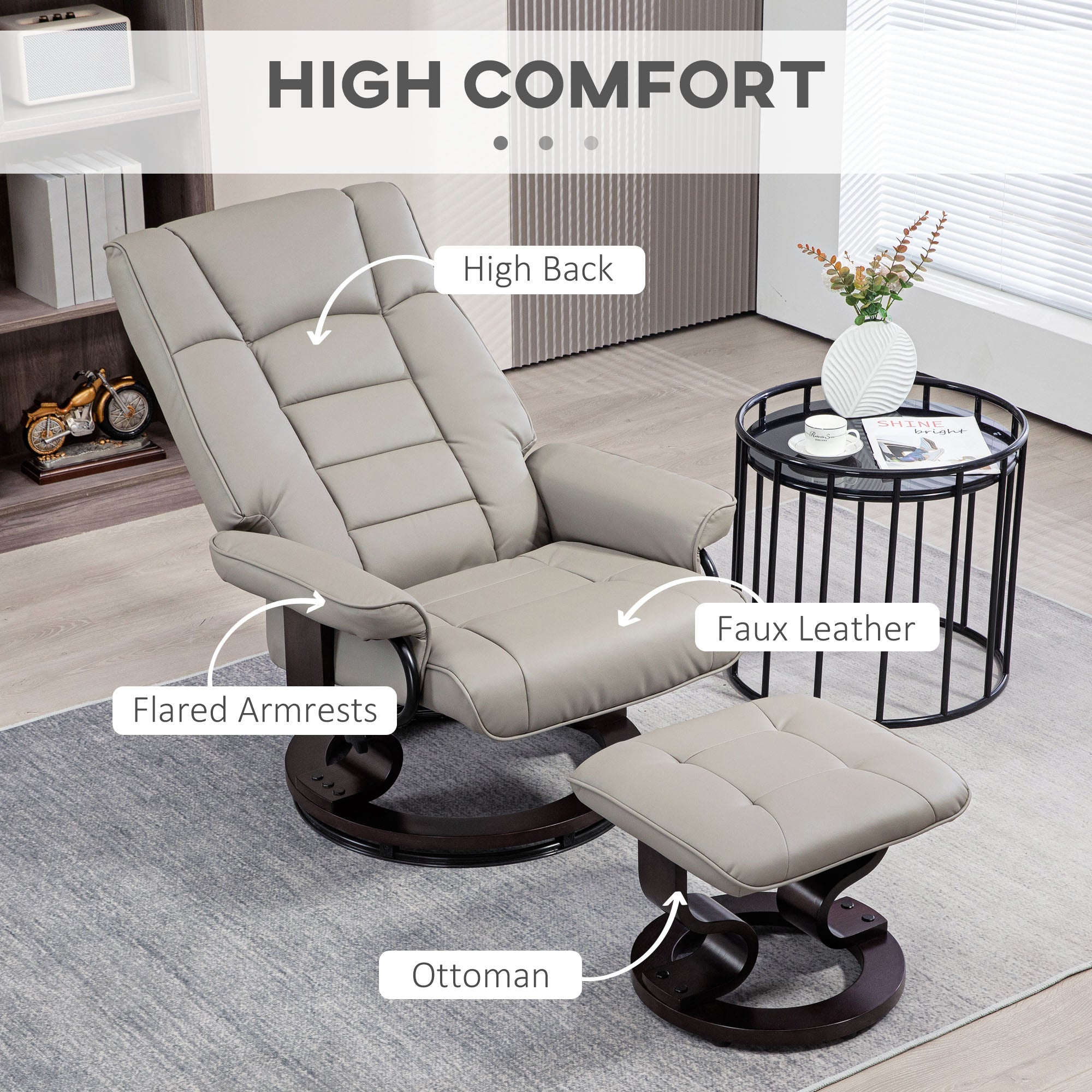 Faux Leather Reclining Chair with Ottoman, Manual Recliner with Tufted Back and Wood Frame for Living Room, Gray