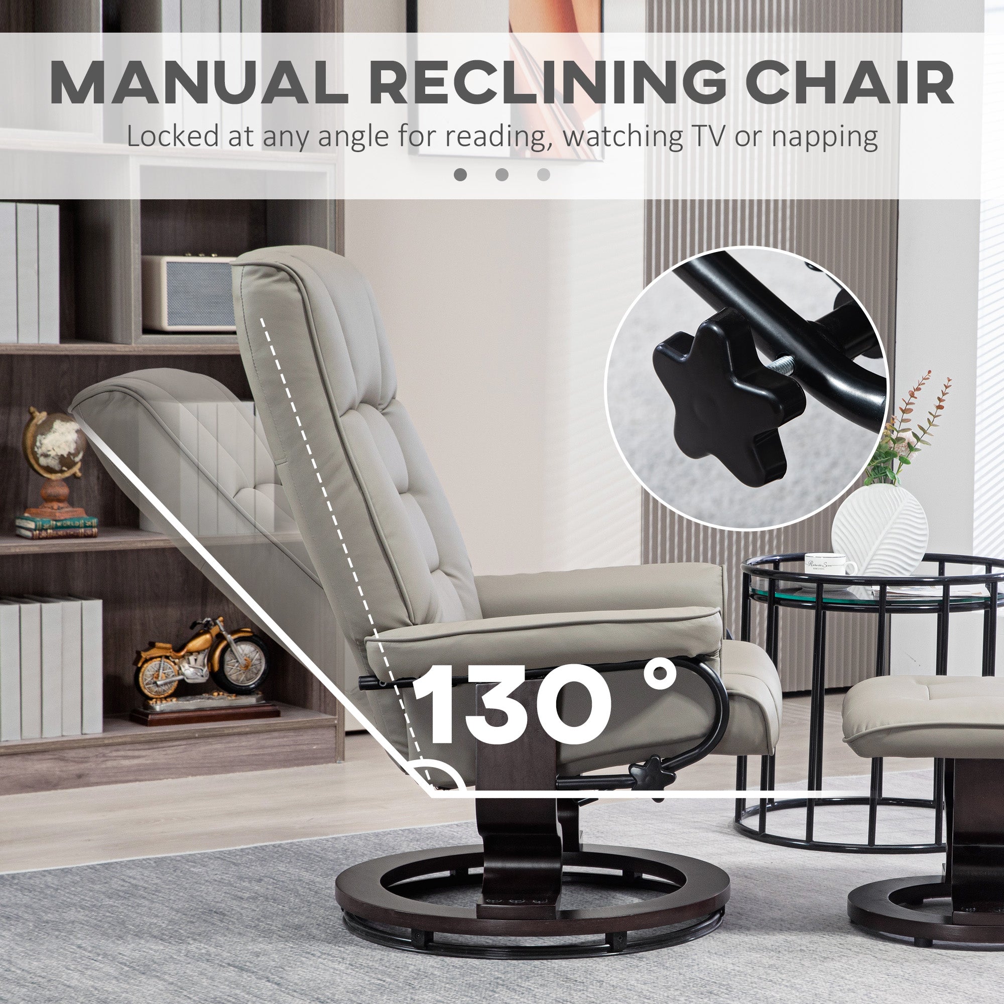 Faux Leather Reclining Chair with Ottoman, Manual Recliner with Tufted Back and Wood Frame for Living Room, Gray
