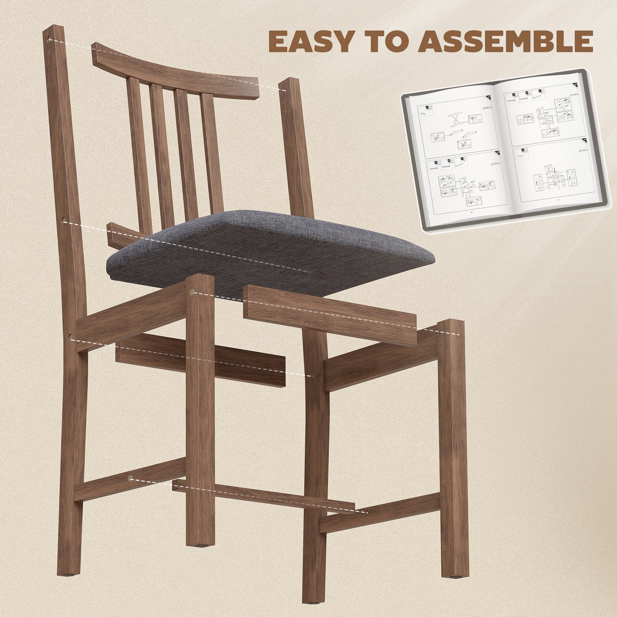 Wooden Dining Chairs Set of 2, Mid-Century Modern Upholstered Kitchen Chairs with Slat Backrest, Rubberwood Legs and Padded Seat for Dining Room, Living Room, Gray
