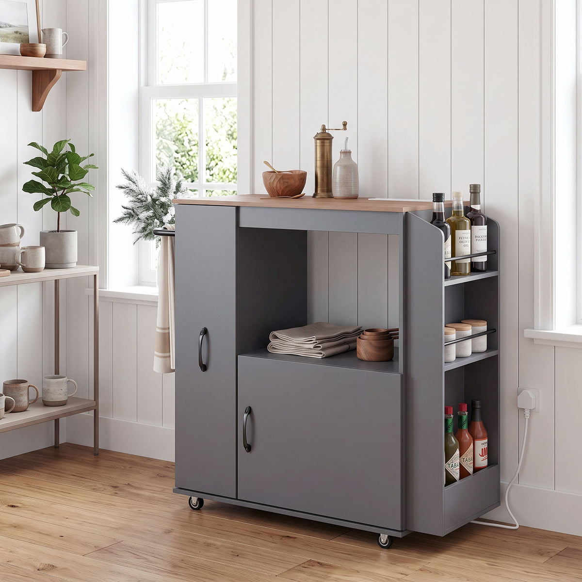 Kitchen Trolley on Wheels, Rolling Kitchen Island Cart with Power Outlet, Cabinet, Pull-Out Drawer and Towel & Spice Rack, Mobile Serving Trolley Cart for Dining Room, Bathroom, Grey