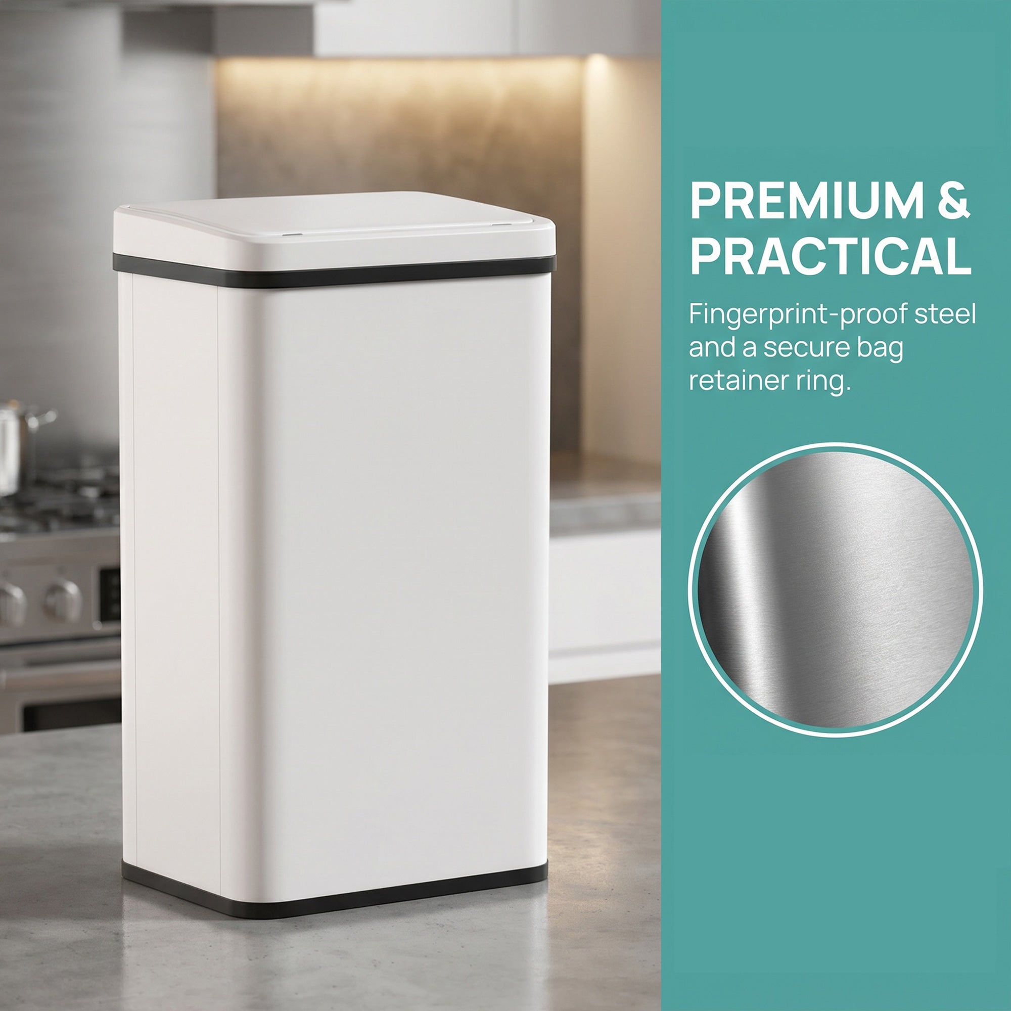 40L Sensor Bin with Quiet Soft-Close Lid, Automatic Touchless Motion Sensor Kitchen Bin with Fingerprint Resistant Stainless Steel for Hygienic Gyms, Home Office Use, White