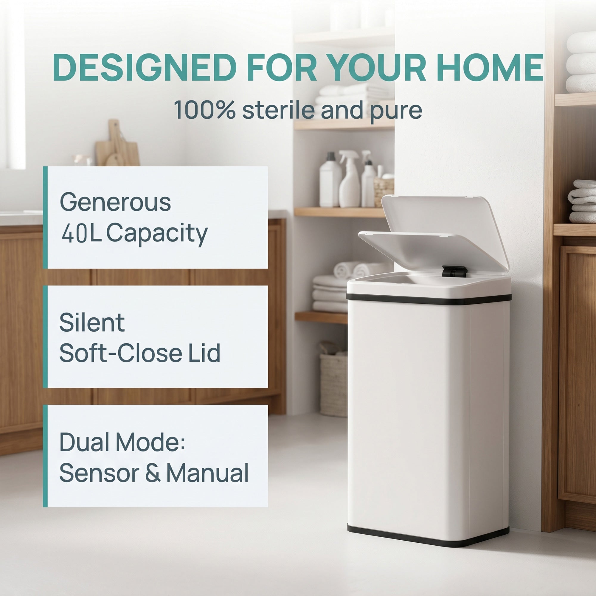 40L Sensor Bin with Quiet Soft-Close Lid, Automatic Touchless Motion Sensor Kitchen Bin with Fingerprint Resistant Stainless Steel for Hygienic Gyms, Home Office Use, White