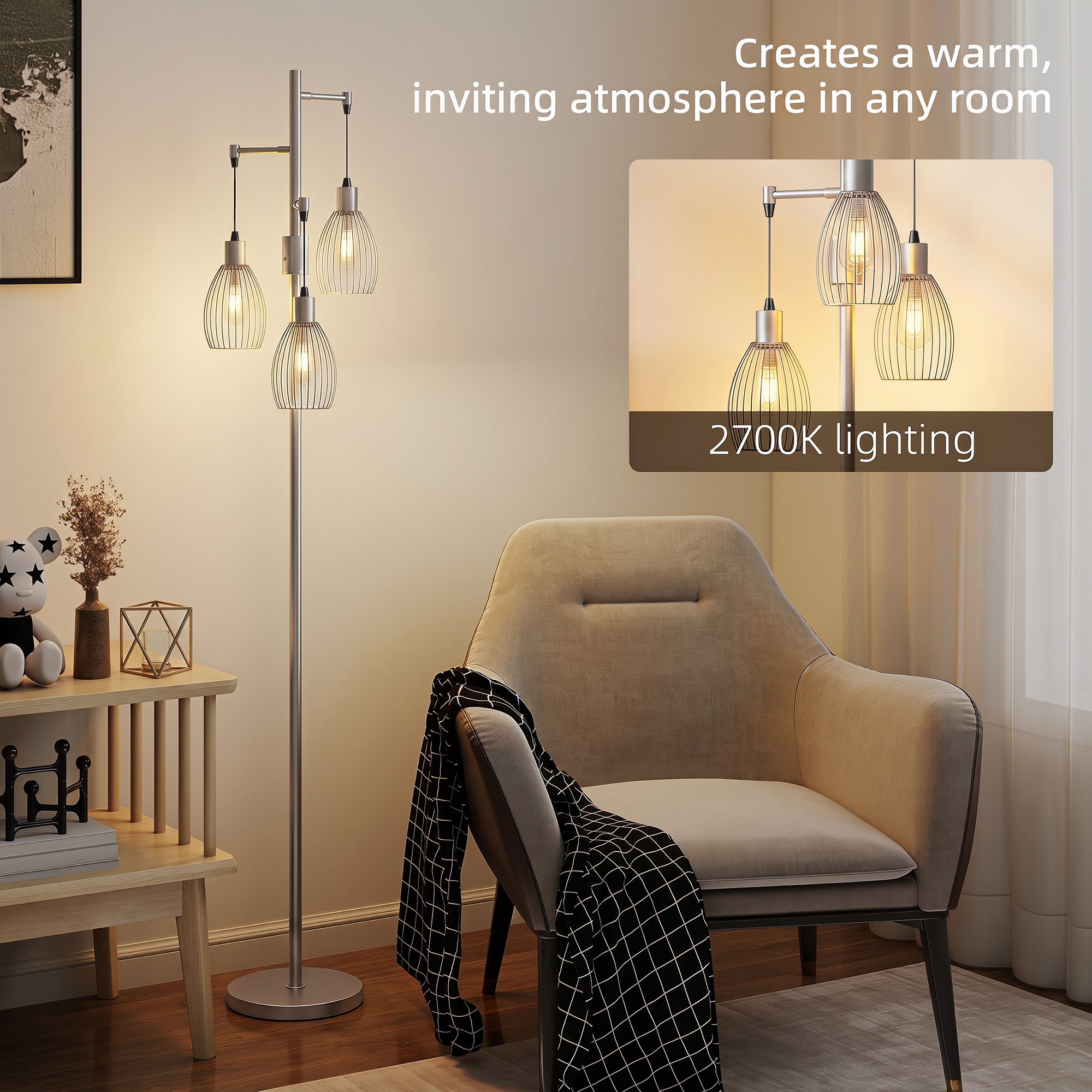 3-Light LED Floor Lamp, 170cm Industrial Dimmable Standing Lamp with Steel Wire Cage Lampshades, 2700K for Living Room, Bedroom, Dining Room, Study, Silver Tone