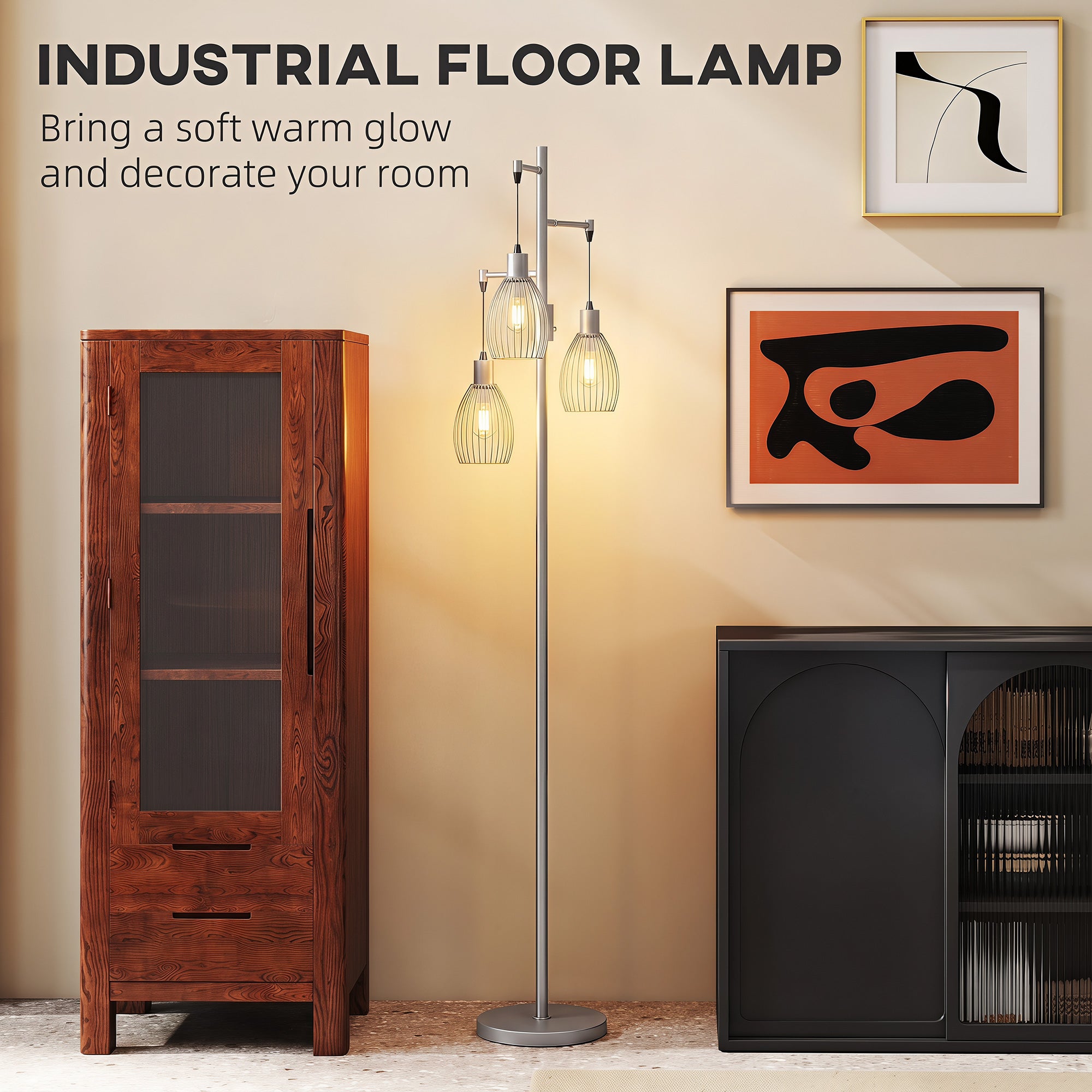 3-Light LED Floor Lamp, 170cm Industrial Dimmable Standing Lamp with Steel Wire Cage Lampshades, 2700K for Living Room, Bedroom, Dining Room, Study, Silver Tone
