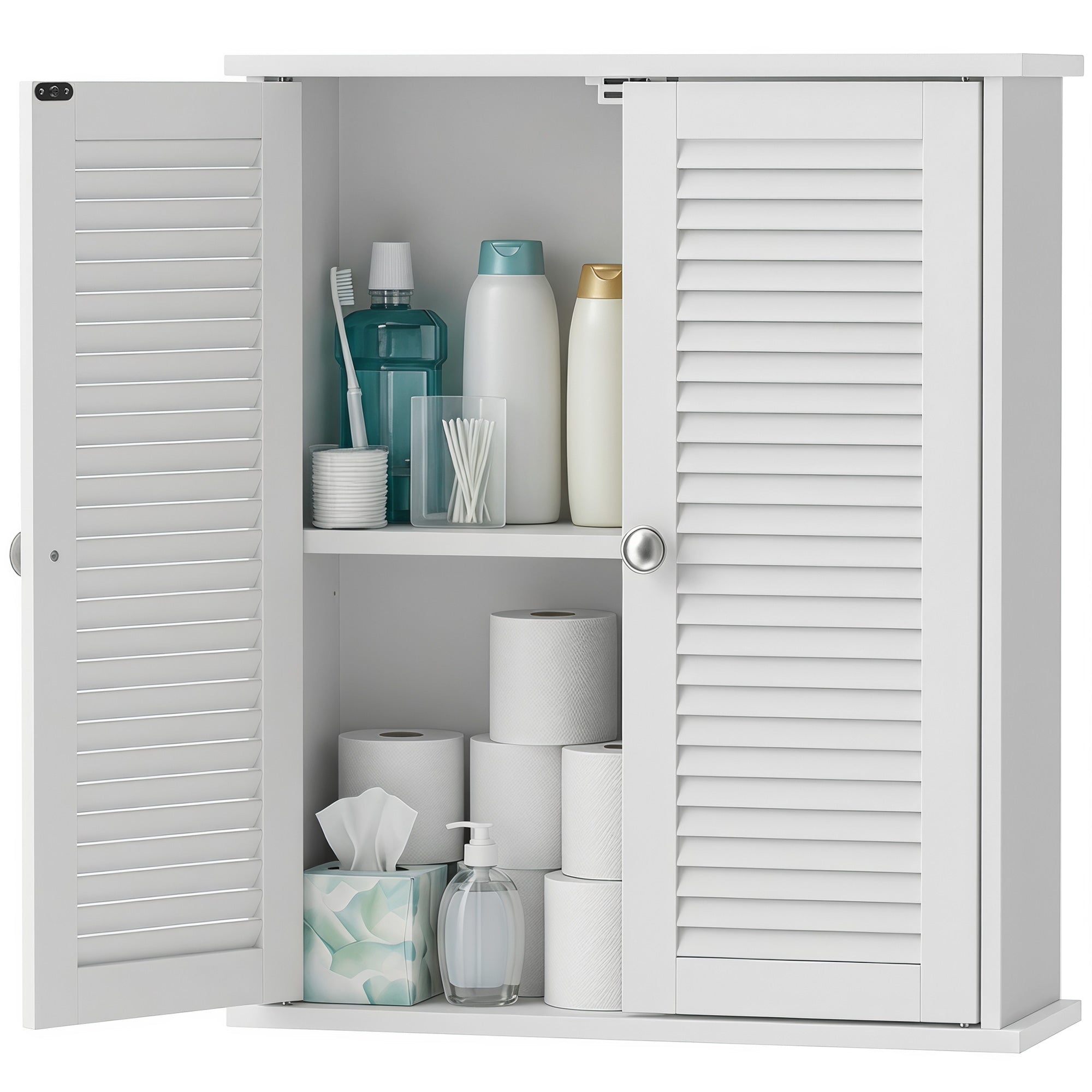 Bathroom Wall Cabinet, Wall-Mounted Over-The-Toilet Space Saver with Louvered Doors and Adjustable Shelf Storage for Kitchen, Living Room, White