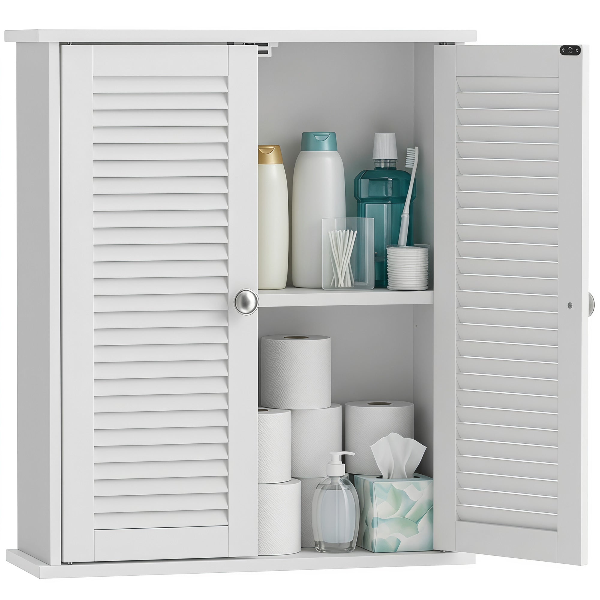 Bathroom Wall Cabinet, Wall-Mounted Over-The-Toilet Space Saver with Louvered Doors and Adjustable Shelf Storage for Kitchen, Living Room, White