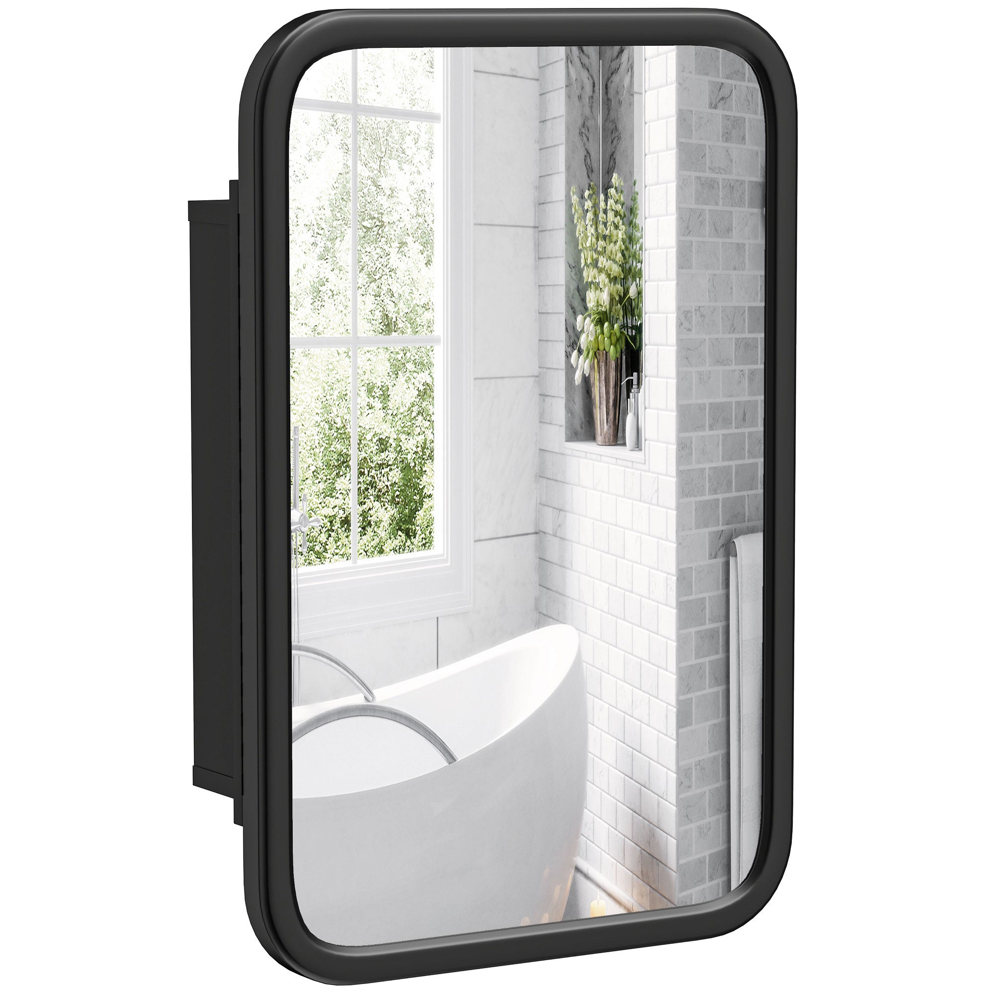 Bathroom Medicine Cabinet with Tempered Mirror, Metal Bathroom Mirror Cabinet Wall Mounted with 3 Shelves and 180° Swing Door for Hallway or Bathroom, Black