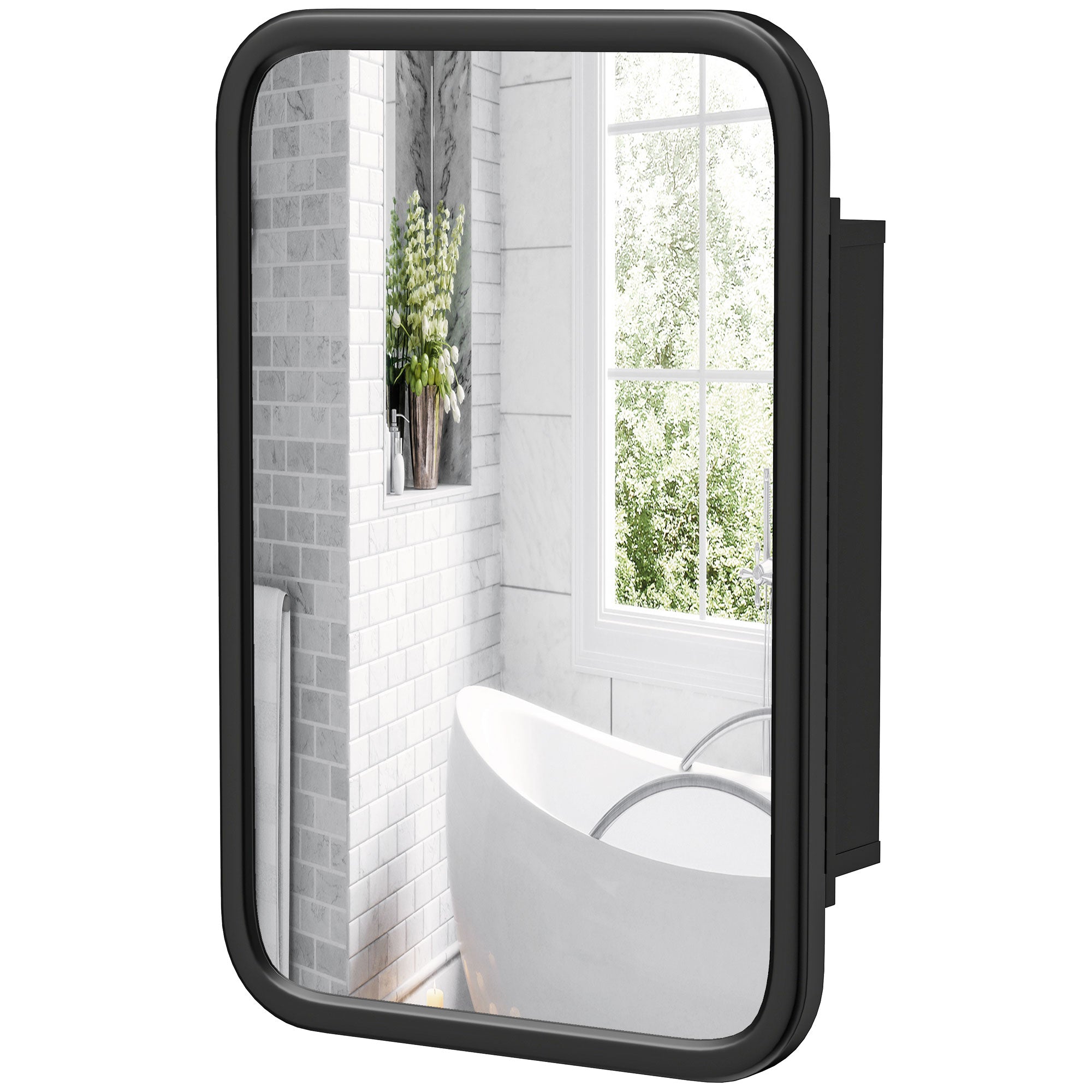 Bathroom Medicine Cabinet with Tempered Mirror, Metal Bathroom Mirror Cabinet Wall Mounted with 3 Shelves and 180° Swing Door for Hallway or Bathroom, Black