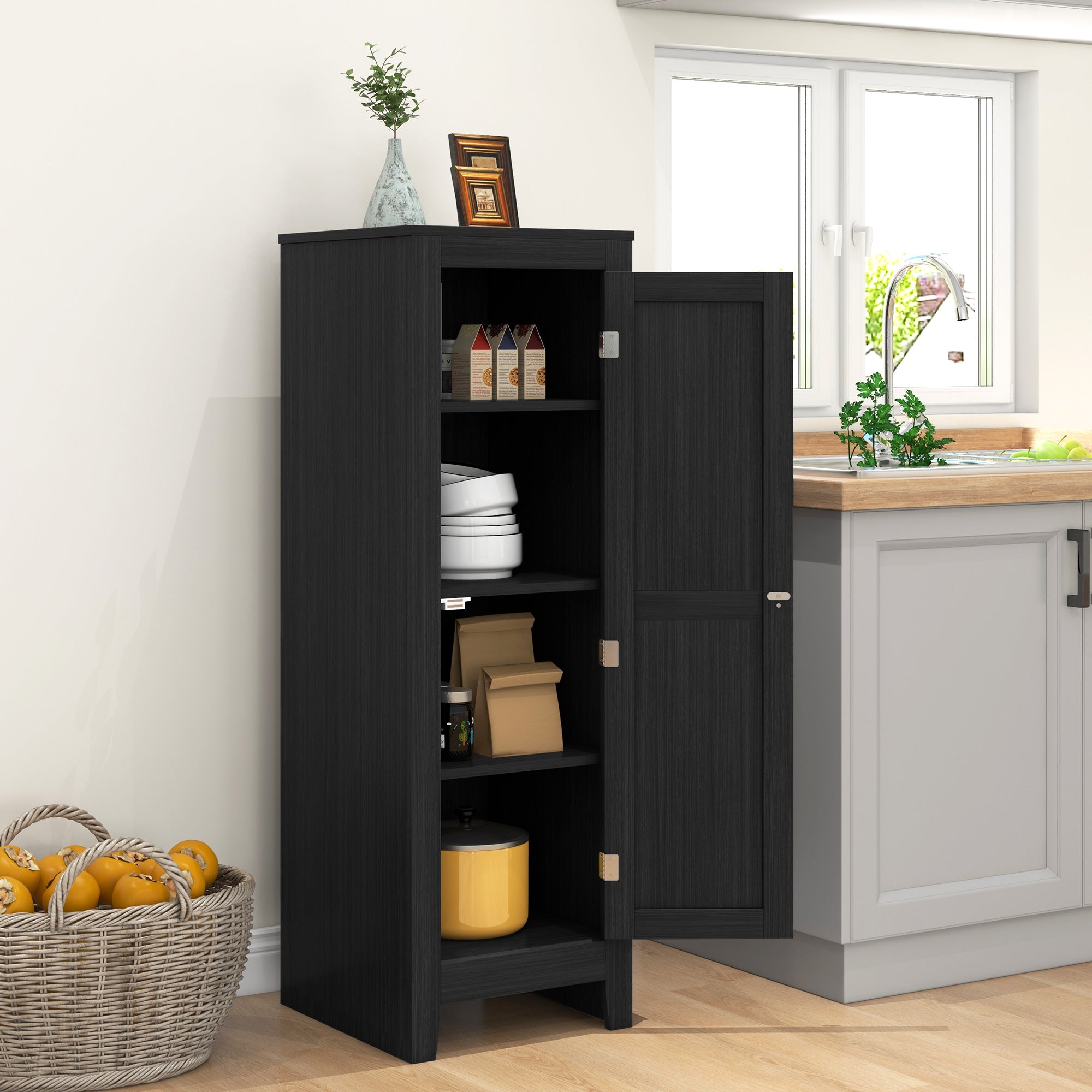 HOMCOM 47.6" Kitchen Pantry, Small Storage Cabinet with Door and Shelves, Kitchen Cabinet for Dining Room, Black