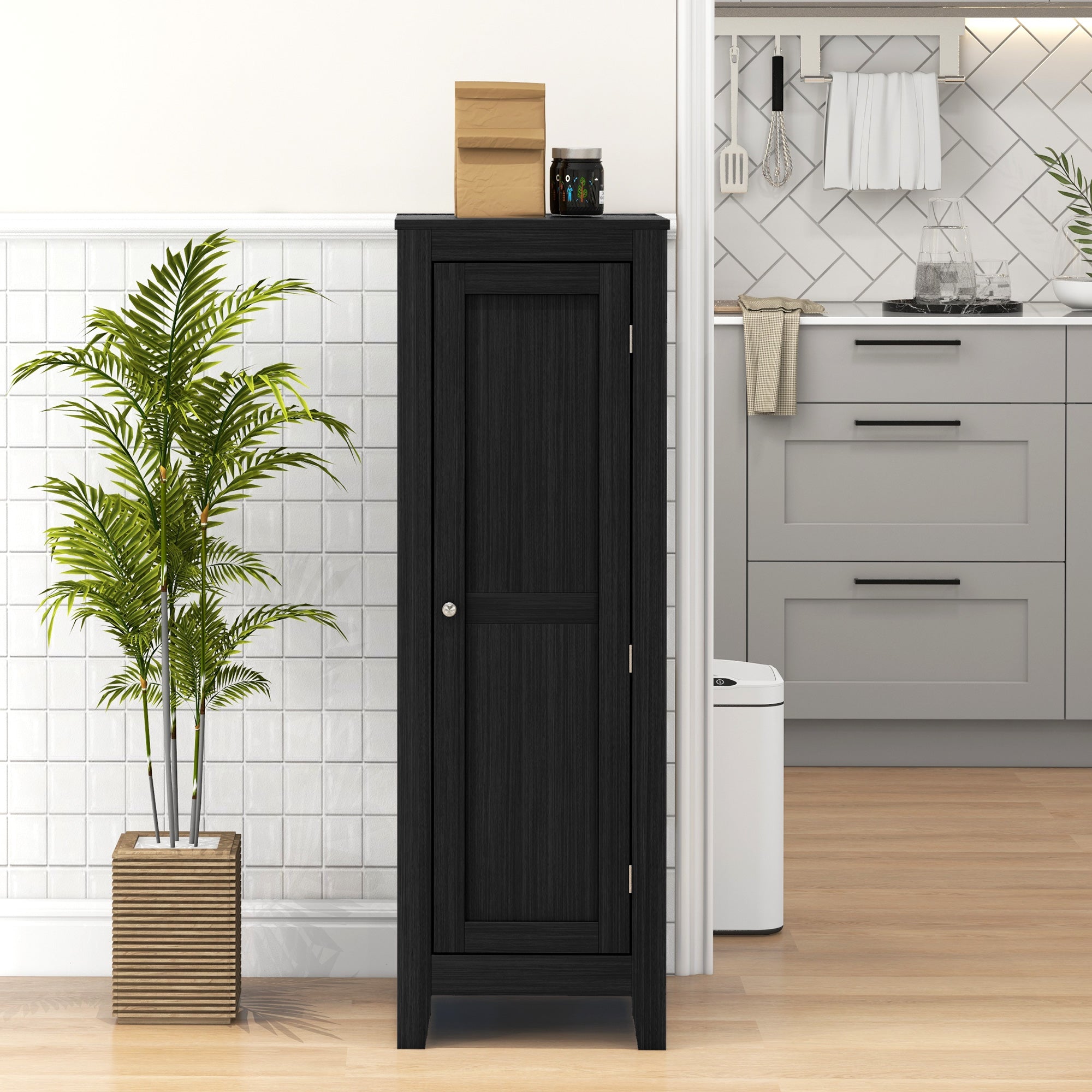 HOMCOM 47.6" Kitchen Pantry, Small Storage Cabinet with Door and Shelves, Kitchen Cabinet for Dining Room, Black